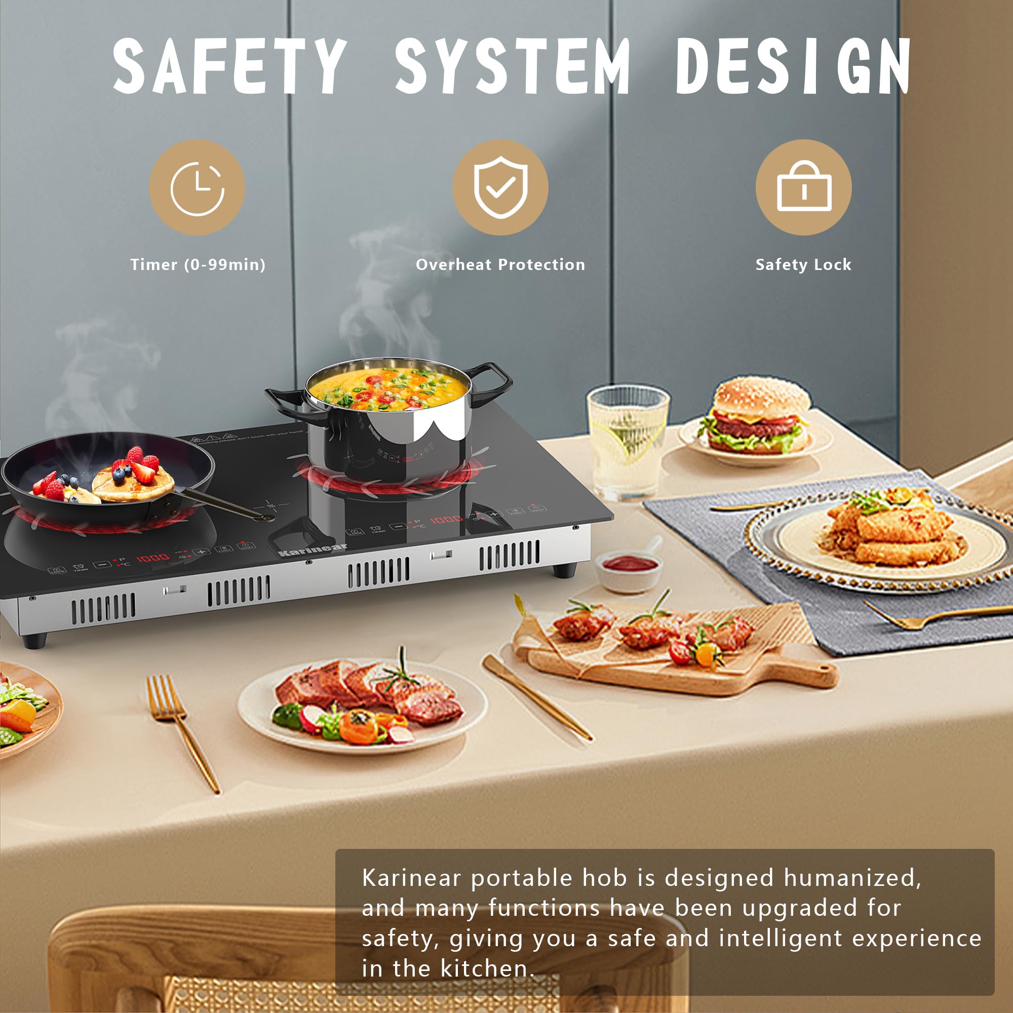 Karinear 24-Inch 2-Burner Electric Cooktop 110V - Portable Countertop Stove with Ceramic Radiant Heating, Touch Sensor Controls, Timer & Safety Lock - Perfect for Apartments, RVs & Small Kitchens