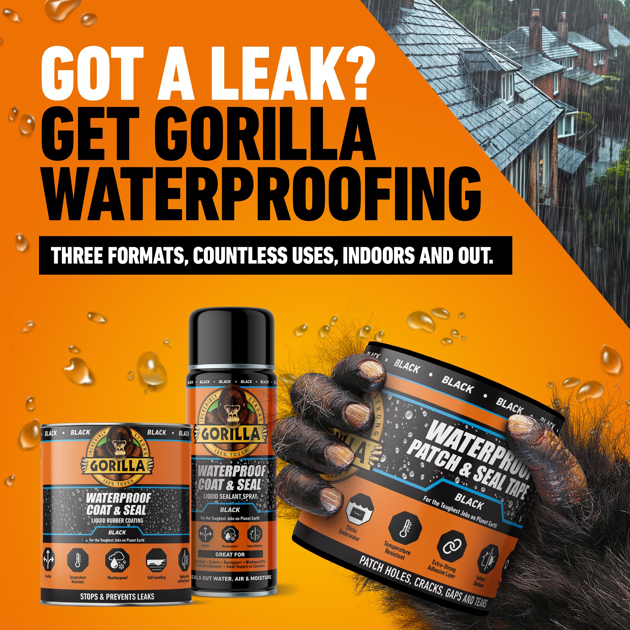 Gorilla Waterproof Coat & Seal - Heavy Duty Waterproofing Adhesive for Roofs, Gutters, and Outdoor Repairs | Ideal for Home, RV, and Marine Use