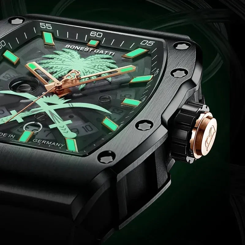 BONEST GATTI Men's Luxury Automatic Watch - German Mechanical Wristwatch with Luminous Coconut Tree Dial, Waterproof & Viton Strap - Perfect for Business, Formal Events & Everyday Wear
