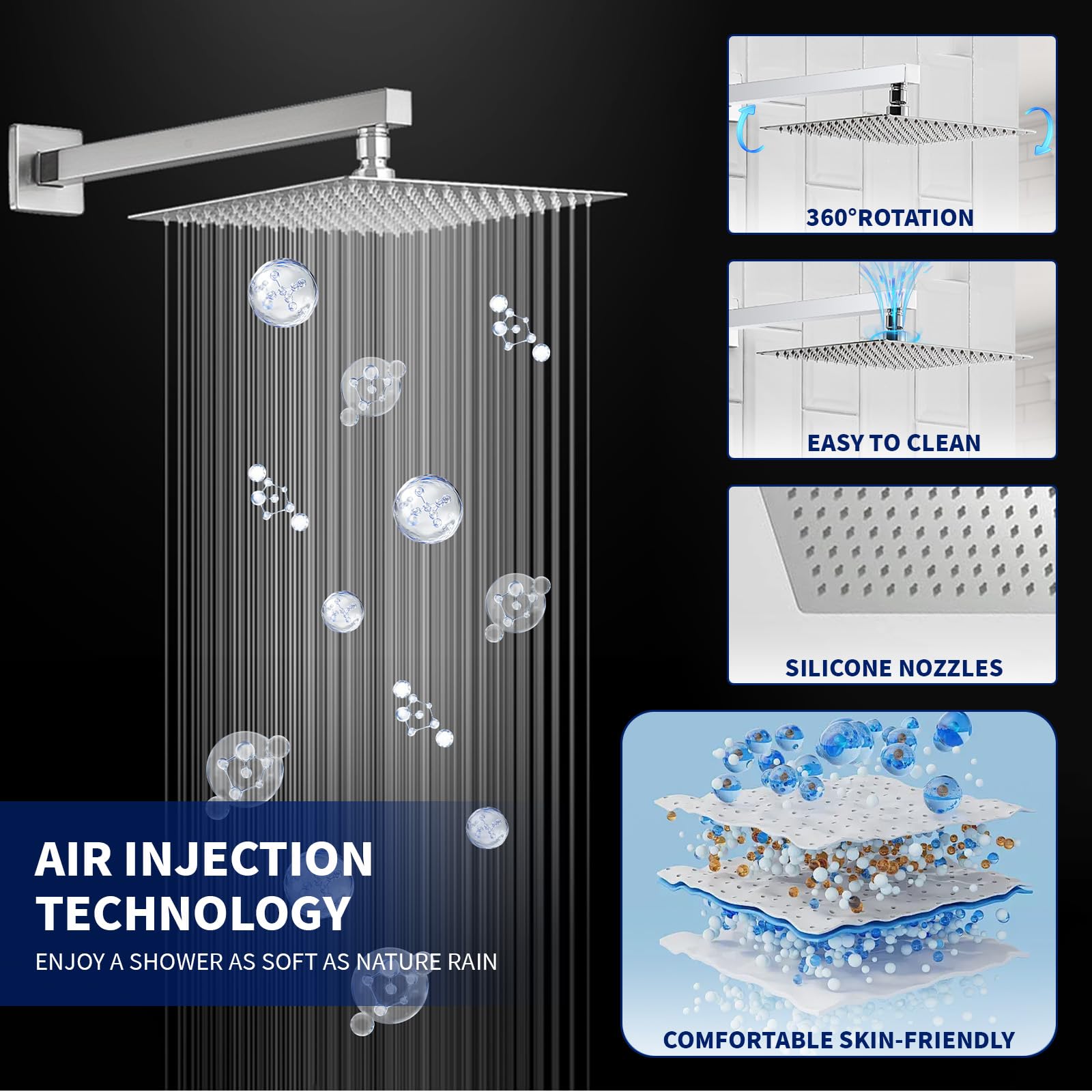 BWE 10 Inch Square Luxury Rain Shower System - Brushed Nickel Wall Mounted Shower Combo Set with Rainfall Head, Mixer Valve & Trim Kit | Perfect for Modern Bathroom Renovation & Spa-Like Shower Experience