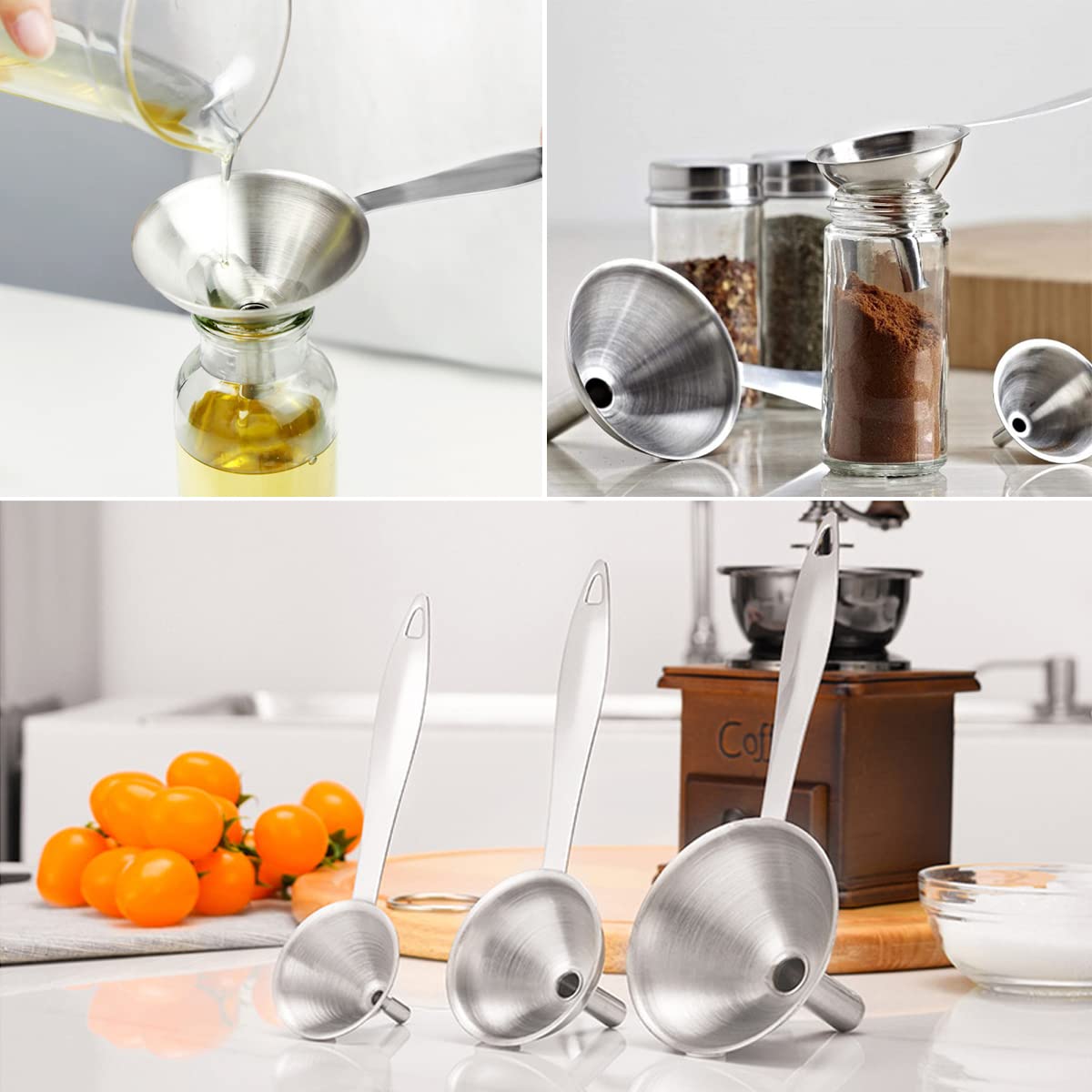 3-Piece Stainless Steel Kitchen Funnel Set - Long Handle Food Grade Metal Funnels for Bottles, Oil & Liquids Transfer - Easy to Clean with Brush - Perfect for Home Kitchen, DIY Projects & Essential Oil Bottling