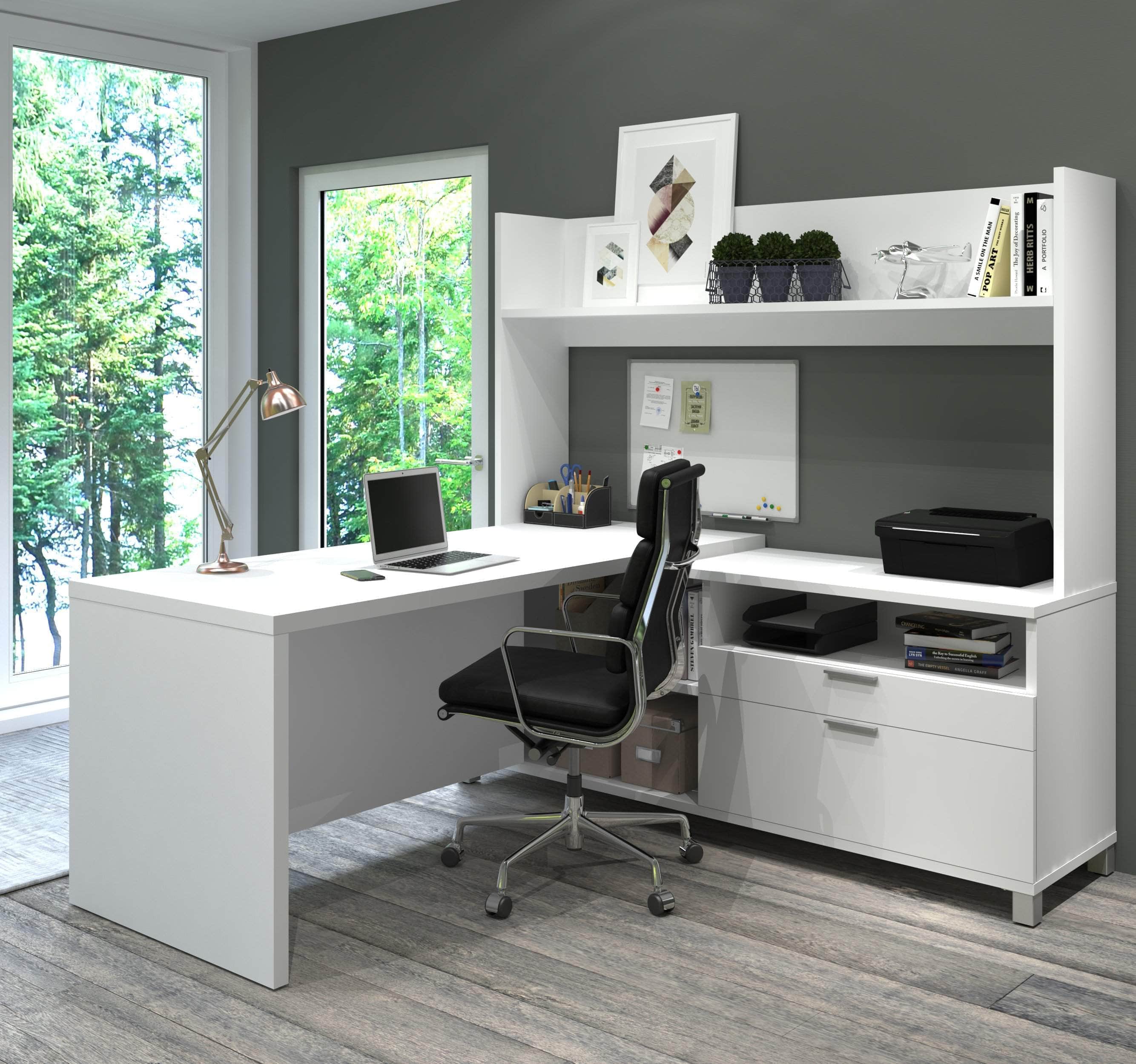 Pro Linea White L-Shaped Desk with Hutch - Home Office Furniture for Small Spaces, Computer Workstation & Study Desk