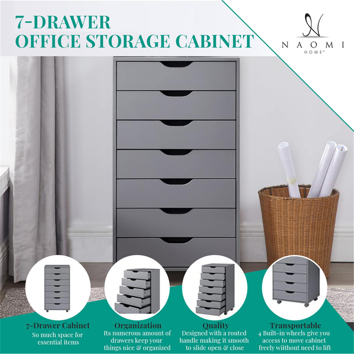 Naomi Home 7-Drawer Rolling File Cabinet with Wheels - Gray Office Storage Organizer for Home & Business, 180 lbs Capacity - Perfect as Under Desk Storage, Printer Stand & Filing Cabinet for Office Organization
