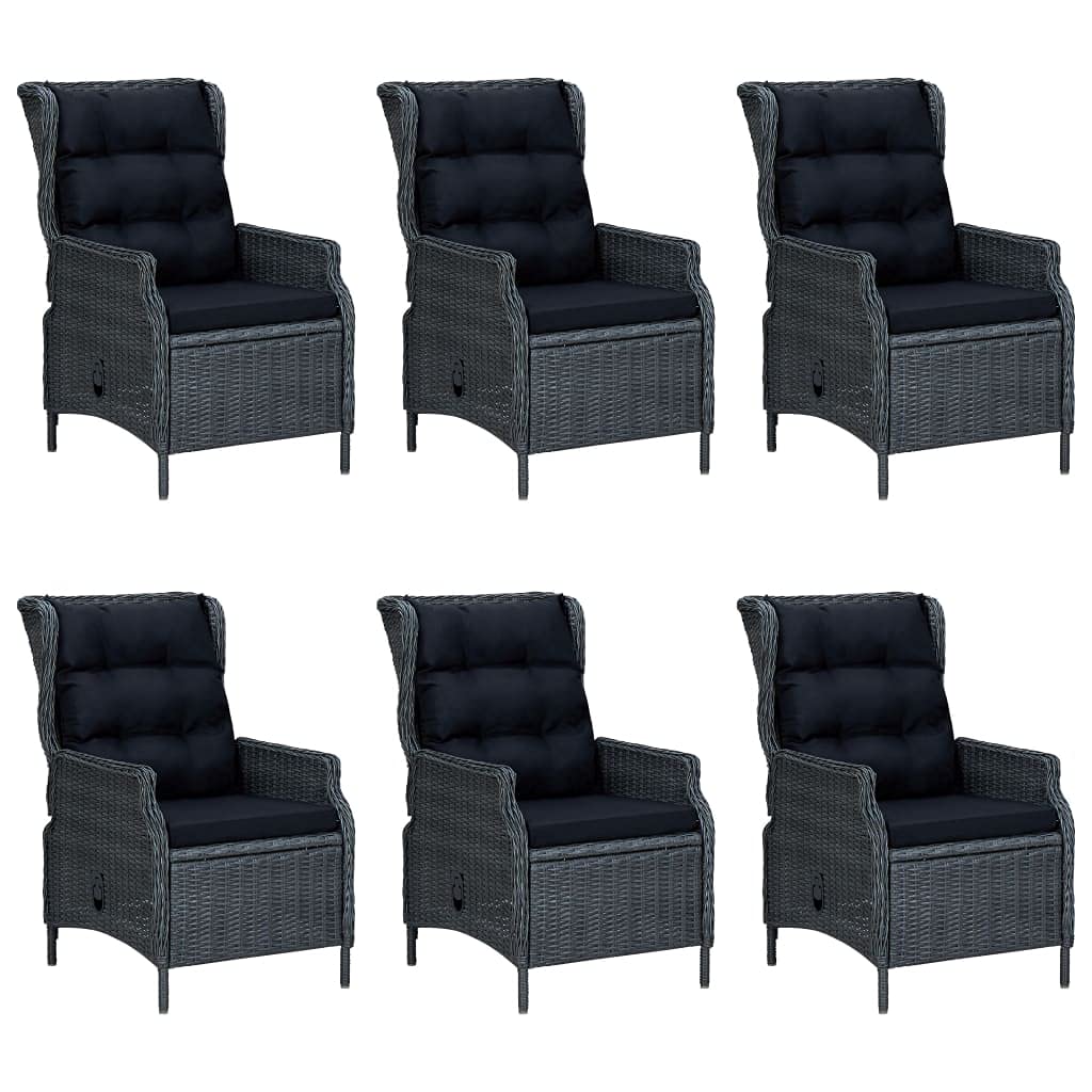 7-Piece Patio Dining Set with Cushions - Dark Gray Reclining Chairs, Black Cushions, Poly Rattan & Steel Frame - Modern Outdoor Furniture for Garden, Backyard, Poolside & Patio Dining