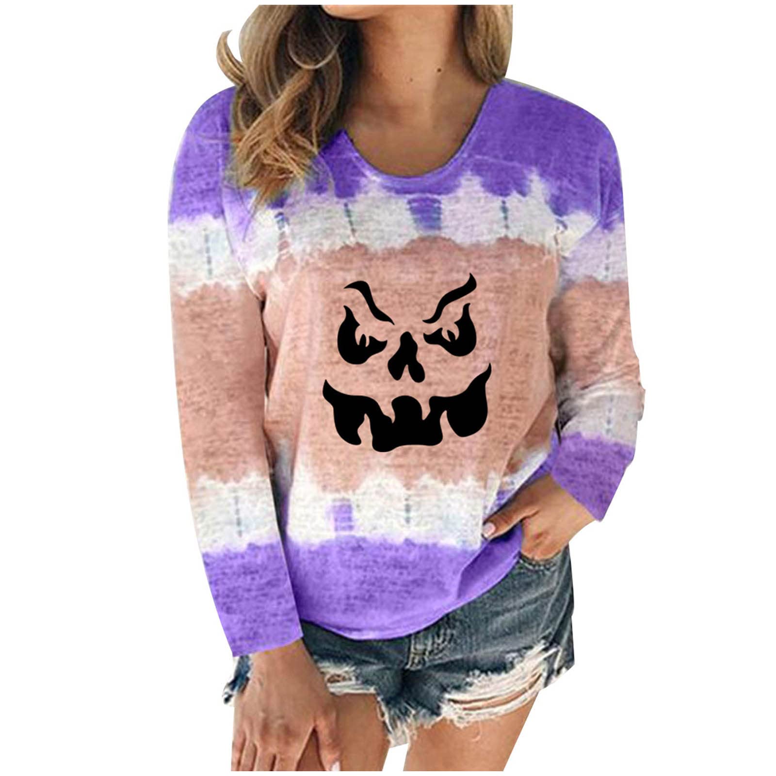 Halloween Tops for Women - Long Sleeve Tie Dye Print T-Shirts, Casual Round Neck Pullover Blouses | Perfect for Halloween Parties, Costume Events & Fall Fashion