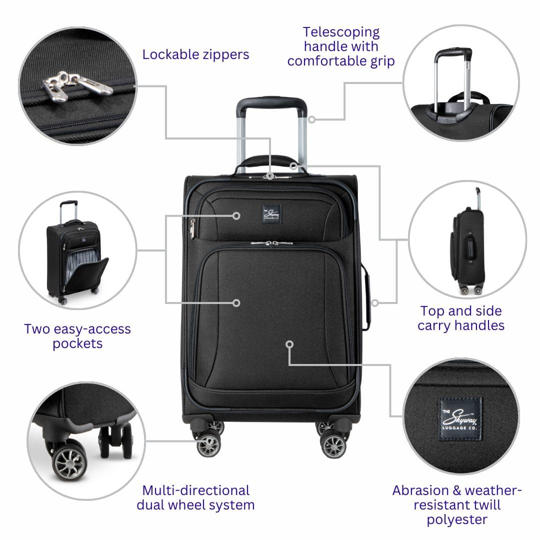 **Skyway Epic 20-Inch Lightweight Softside Spinner Carry-On Luggage - TSA Approved Black Travel Suitcase with Wheels & Telescoping Handle | Perfect for Business Trips, Weekend Getaways & Air Travel**