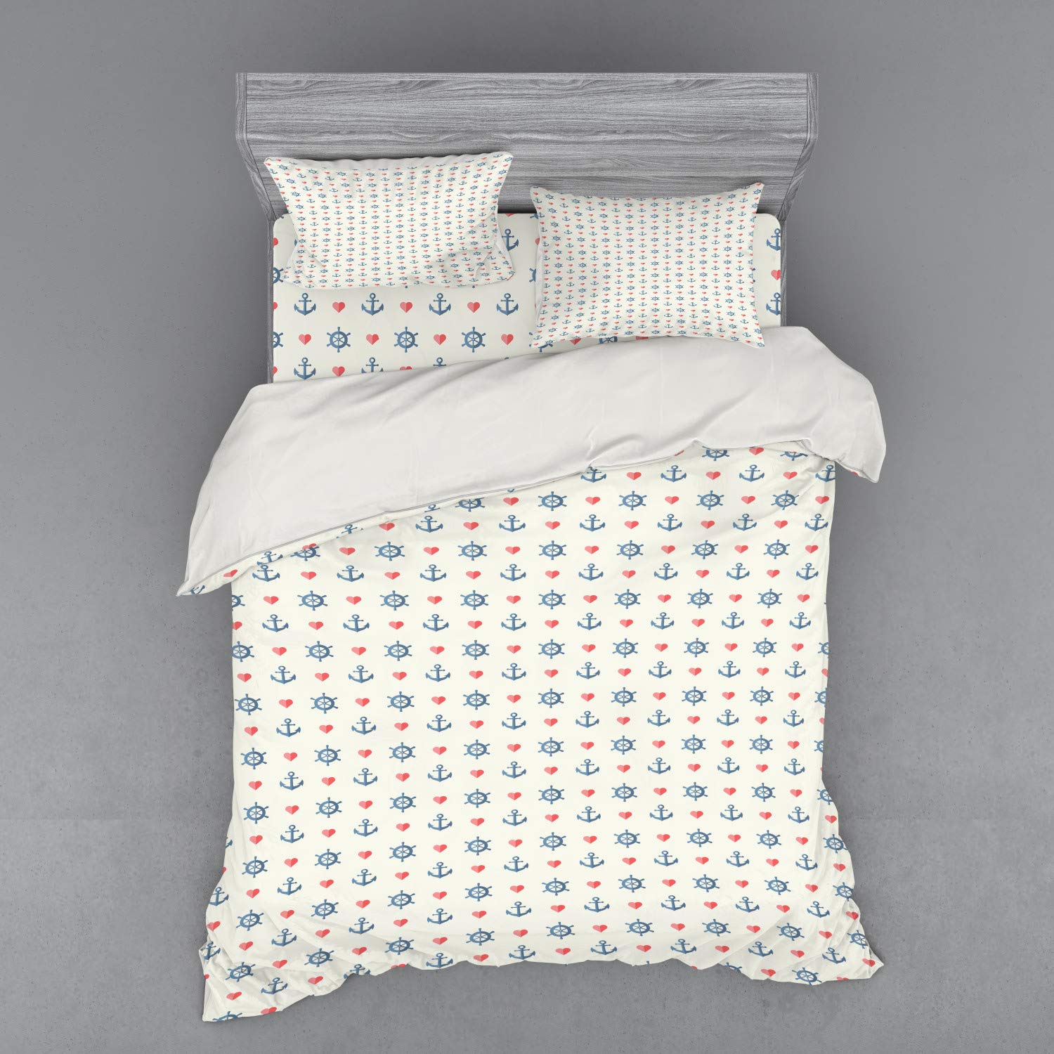 Ambesonne Anchor Bedding Set 4-Piece Queen Size - Nautical Maritime Duvet Cover with Sea Waves & Red Hearts Design, Blue Red White Ocean Theme Bedroom Decor for Coastal & Romantic Home Styling