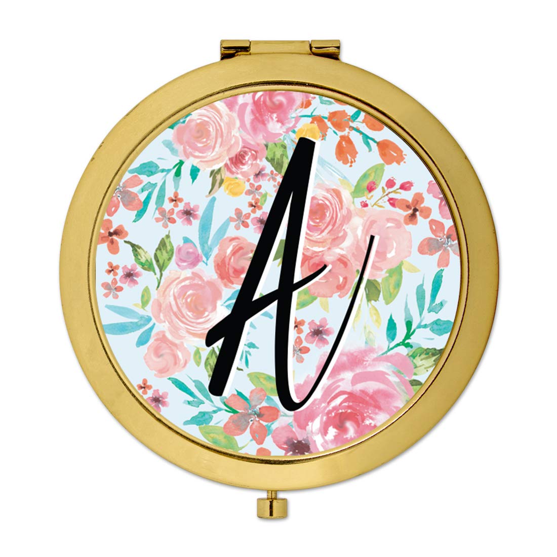 Personalized Monogram Compact Mirror - Gold Letter A with Pink Floral Design - Perfect Bridesmaid Gift for Weddings, Bridal Showers & Bachelorette Parties - Elegant Tea Party Accessory - 1 Pack