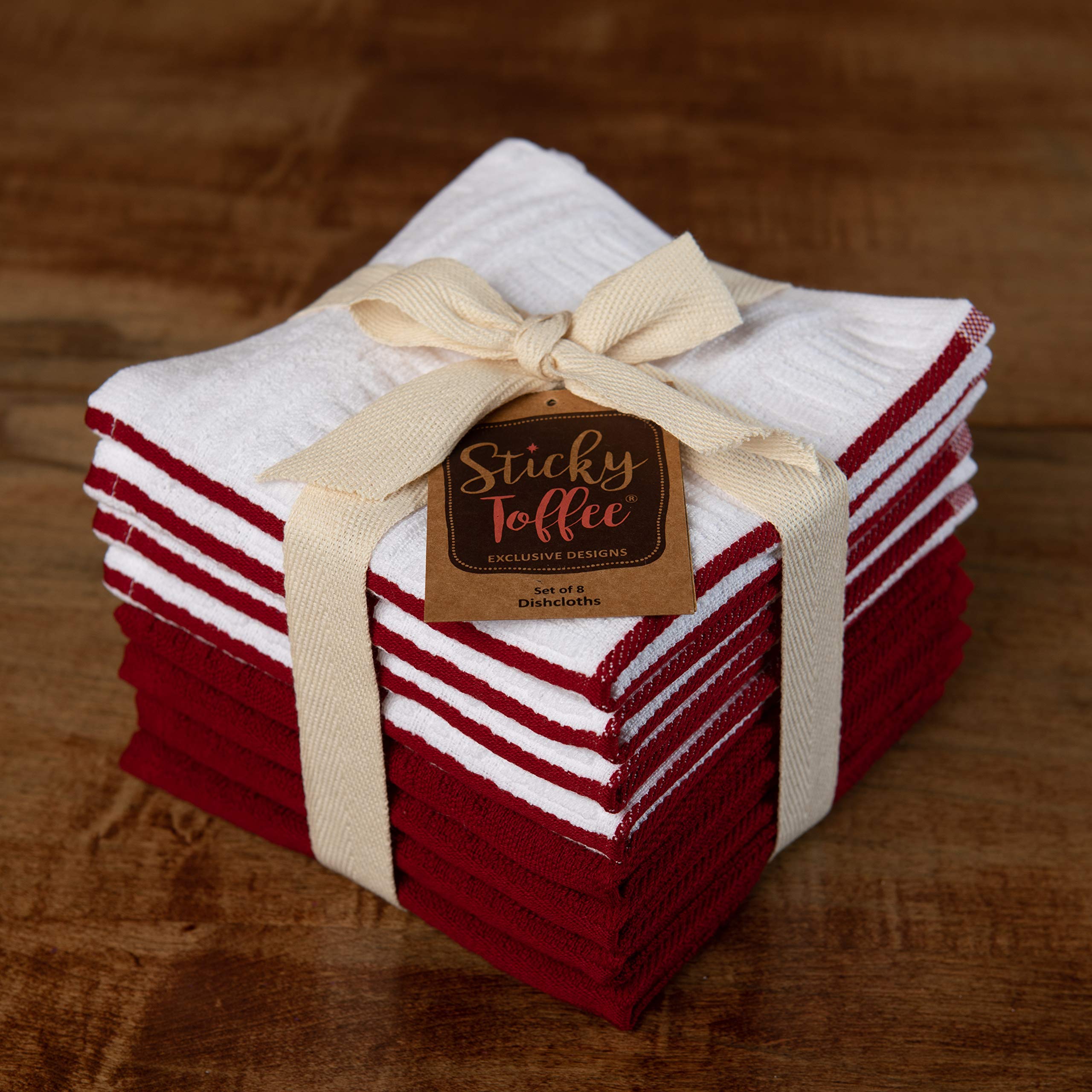 Premium 100% Cotton Kitchen Towels Set of 8 - Absorbent Dish Cloths, Tea Towels & Reusable Cleaning Cloths (12x12 Inch, Red & White) | Oeko-Tex Certified | Perfect for Dish Drying, Counter Cleaning & Hand Wiping
