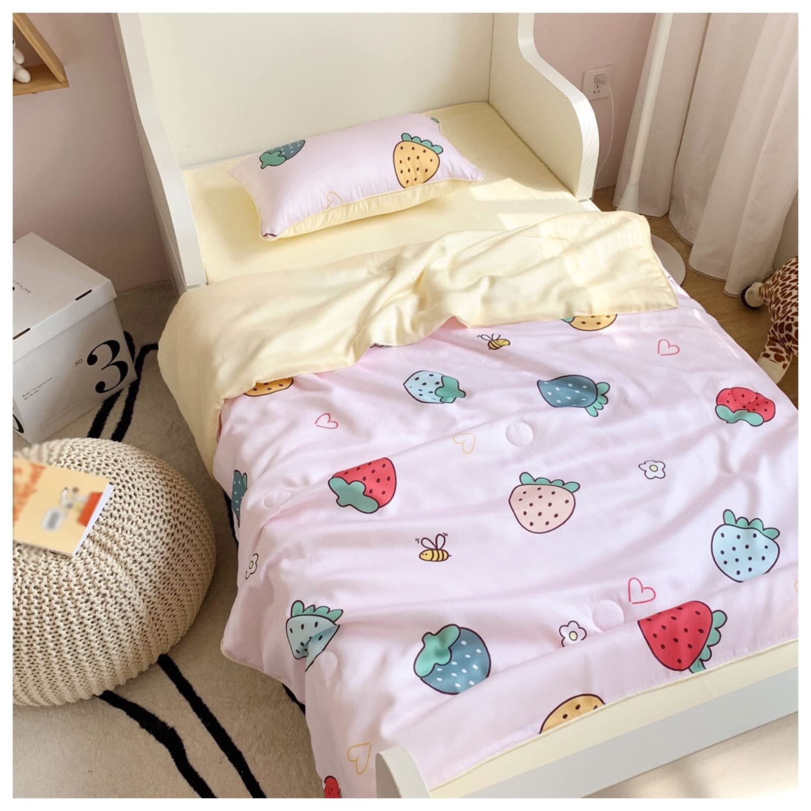 Strawberry Cartoon Print 80S Tencel Summer Quilt - Kids Air Conditioner Blanket, 3-Piece Cooling Comforter Set with Ice Silk Fabric (150x200cm) for Bedroom, Nursery, or Dormitory