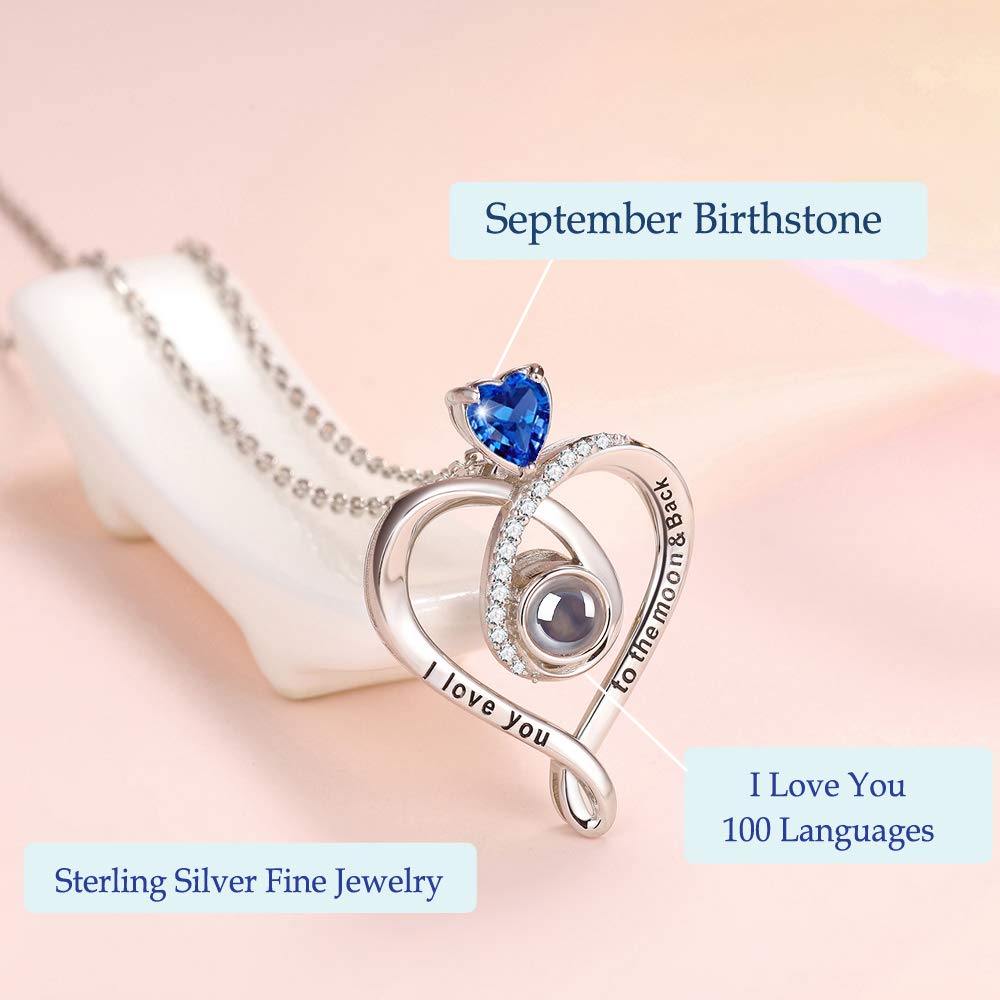 March & April Birthstone Aquamarine Jewelry - I Love You Necklace with 100 Languages Engraved - 925 Sterling Silver Necklace for Women - Perfect Birthday Gift, Anniversary Present & Romantic Keepsake