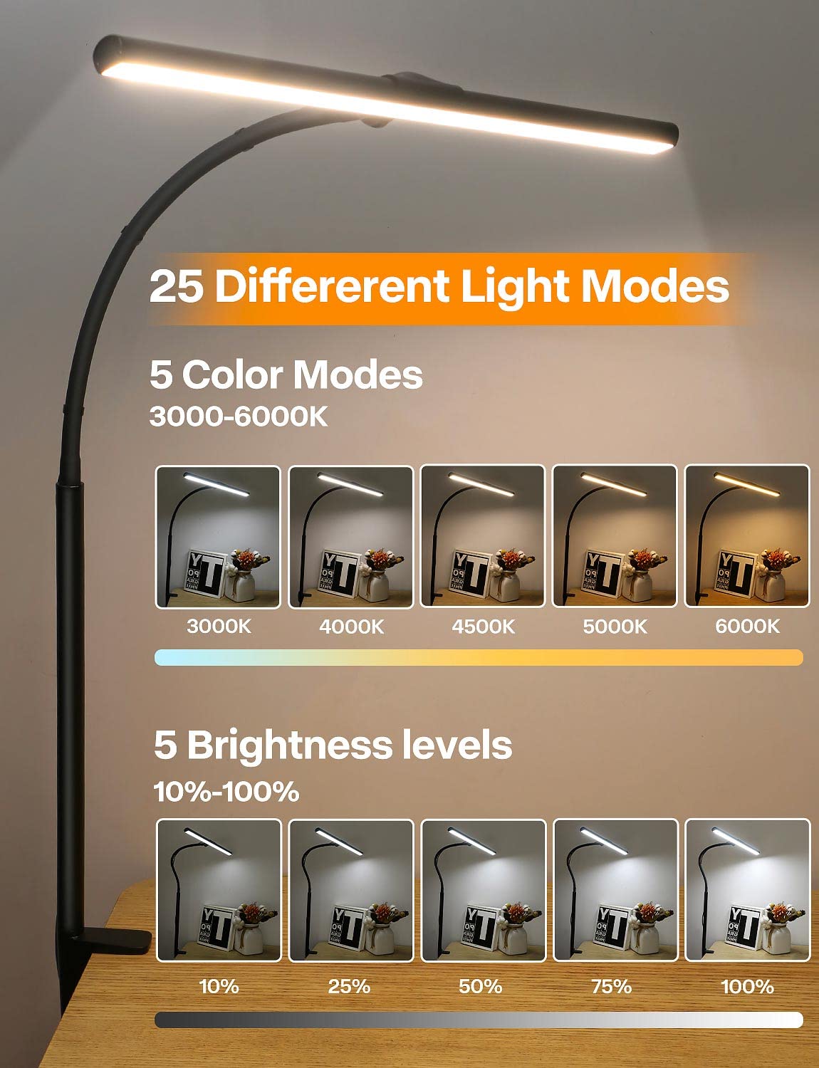 ACNCTOP Adjustable LED Desk Lamp - 25 Lighting Modes, Flexible Gooseneck, Eye-Caring Architect Task Light for Office, Home, Workbench | Perfect for Drafting, Reading, Studying & Night Work
