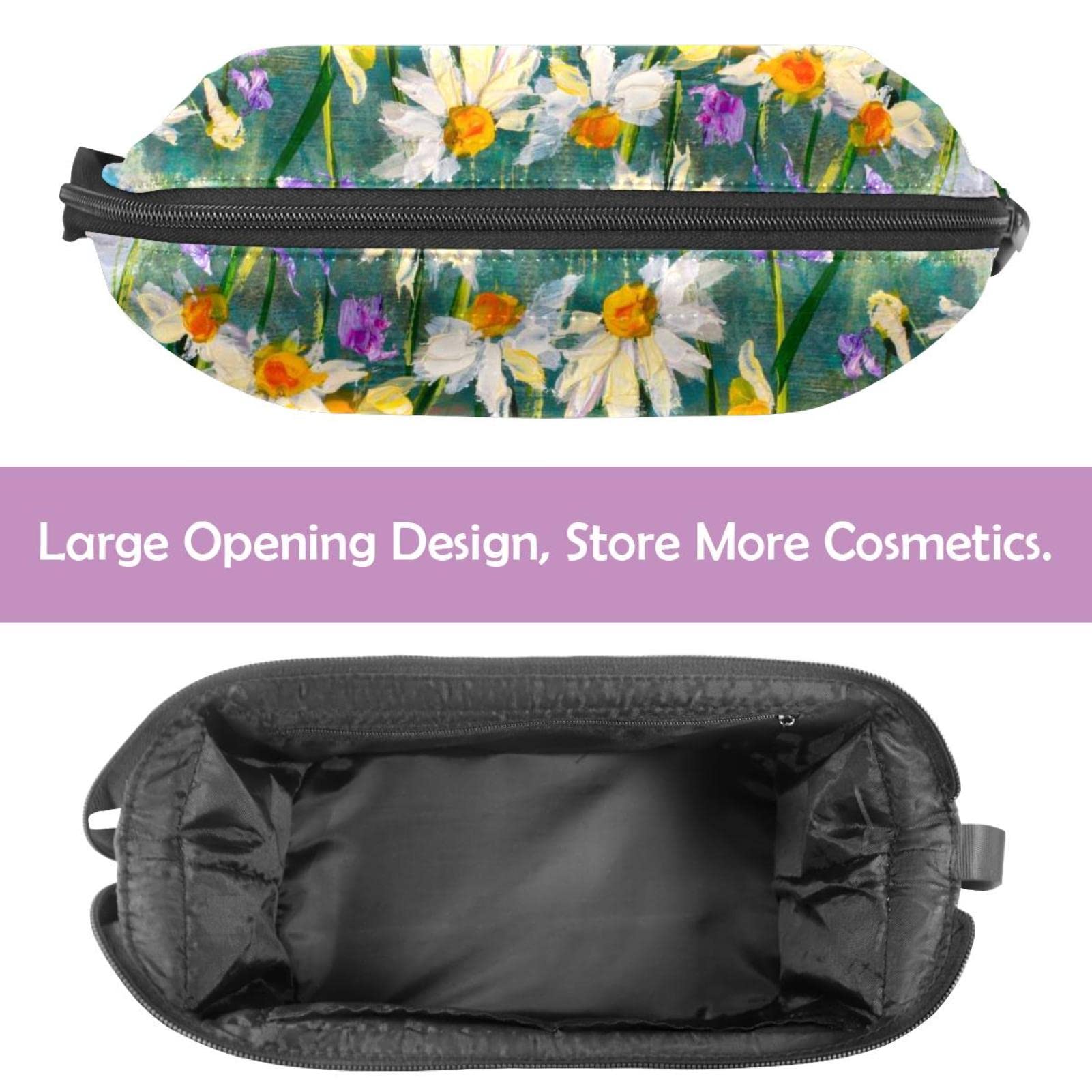 Large Makeup Bag for Women - Travel Cosmetic Organizer with White Daisies Floral Design, Waterproof Toiletry Bag for Vacation, Gym, Work & Daily Essentials Storage