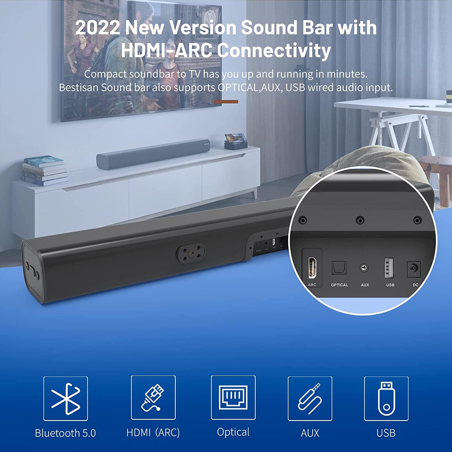 BESTISAN 28 Inch Sound Bar for TV - Bluetooth 5.0 Wired & Wireless Speaker with HDMI/Optical/Aux/RCA/USB, 3 EQ Modes, Remote Control, Wall Mountable - Perfect for Home Theater, Gaming & Movie Nights