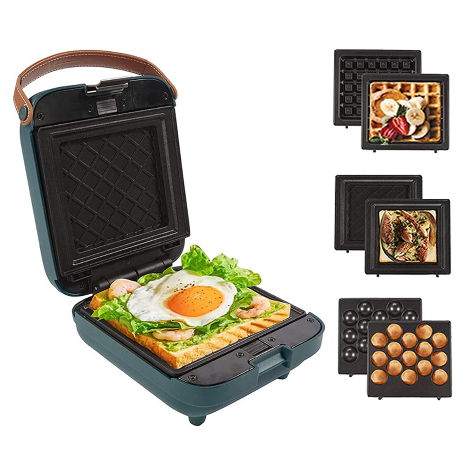 3-in-1 Toaster & Waffle Maker with Removable Non-Stick Plates, Leather Handle & LED Indicator - Perfect for Waffles, Sandwiches, Egg Waffles - Ideal for Breakfast, Brunch & Family Gatherings