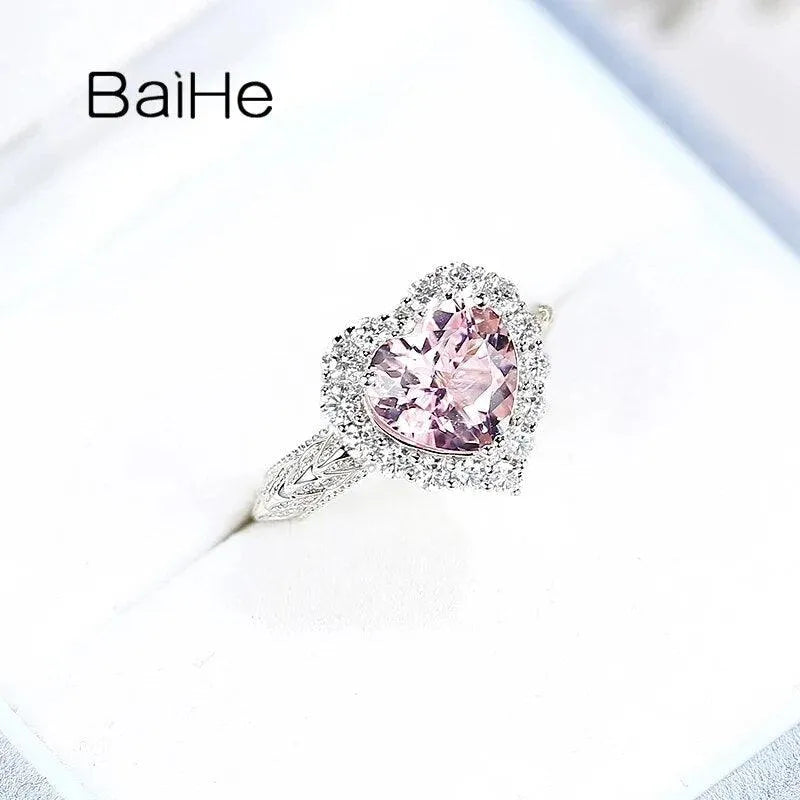 14K White Gold Pink Morganite Diamond Heart Ring for Women - Elegant Wedding & Engagement Fine Jewelry - Perfect for Valentine's Day, Anniversary & Romantic Gifts