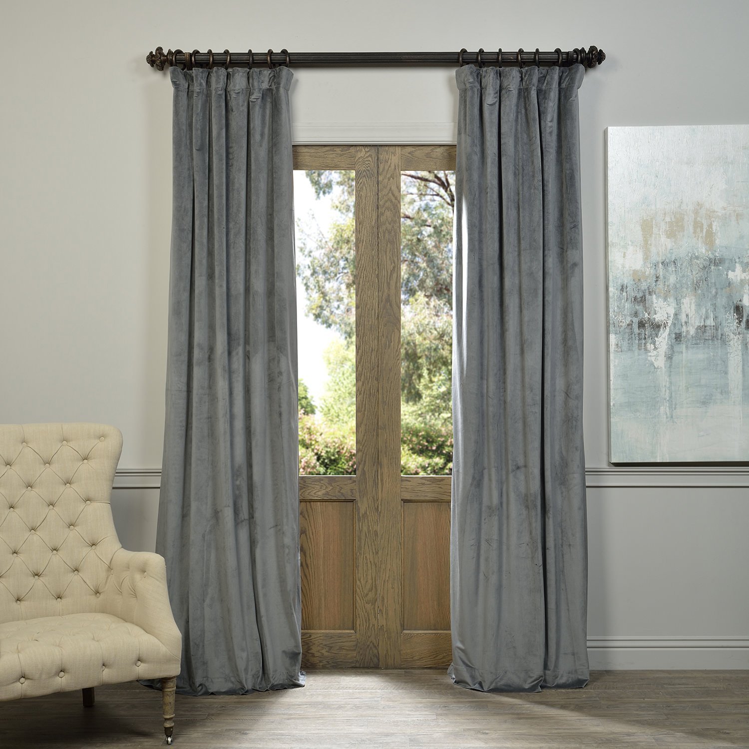 Thermal Insulated Pinch Pleat Blackout Curtains - 90% Blackout, Solid Velvet Lining for Patio Doors - Natural Grey 84