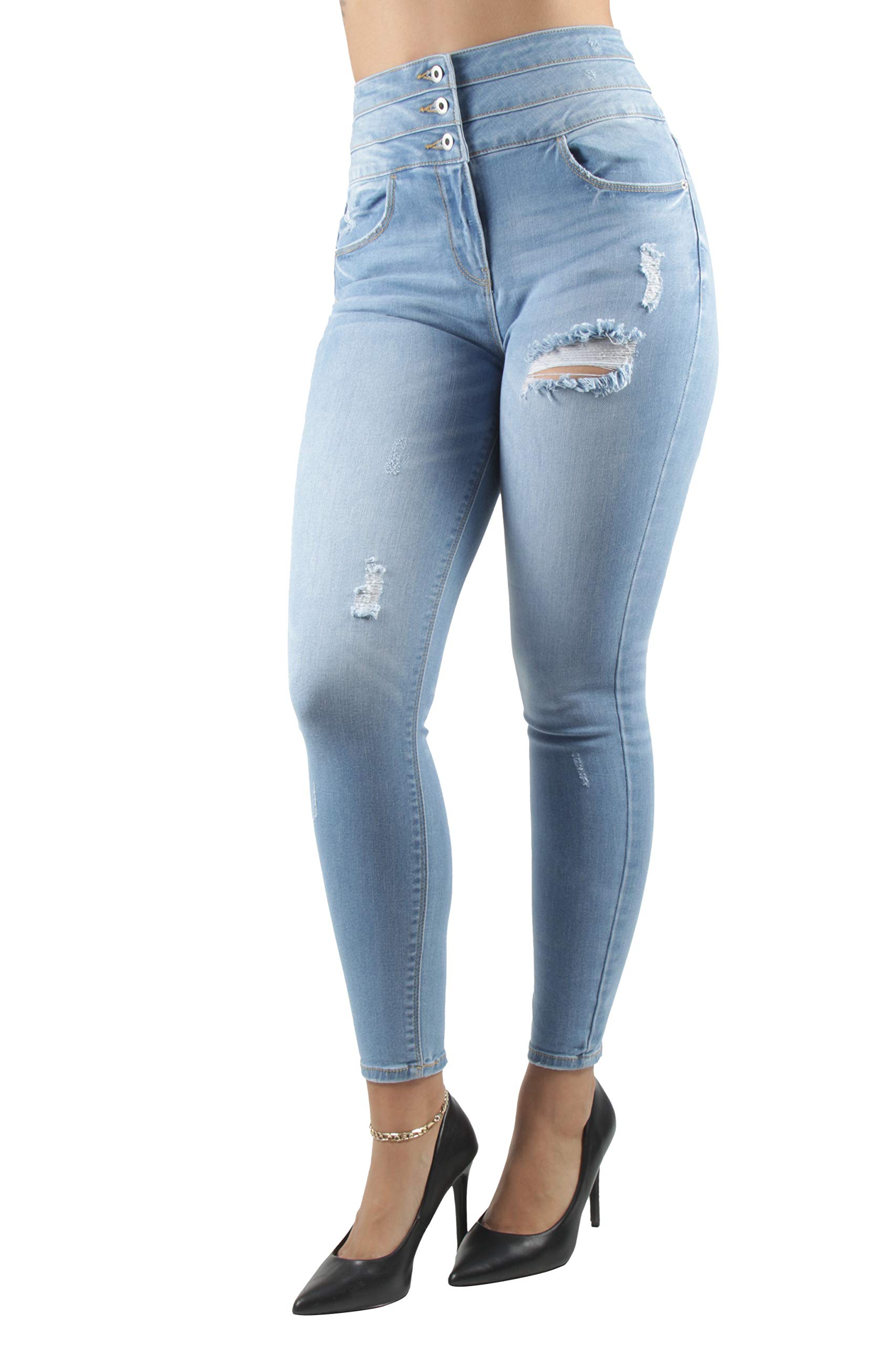 Fashion2Love Women's High Waist Ripped Distressed Corset Skinny Jeans - Trendy Triple Stack Denim for Juniors | Perfect for Casual Outfits, Night Out & Street Style