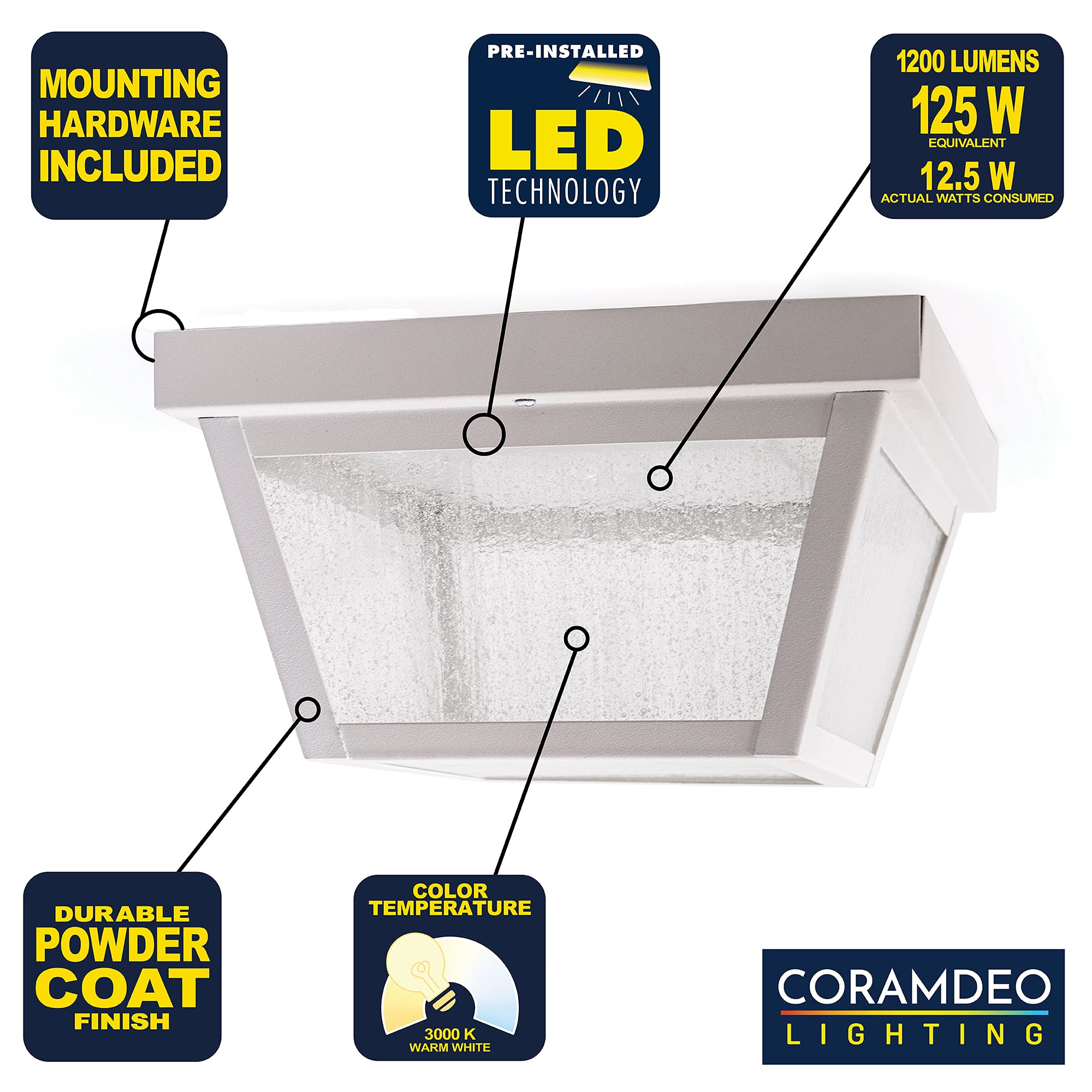 Upgraded 9.25” Square LED Ceiling Light Fixture - 1200 Lumens (125W Equivalent), 3000K Warm White, Damp Rated for Outdoor Use - Perfect for Porch, Entryway, Hallway & Covered Patio Lighting