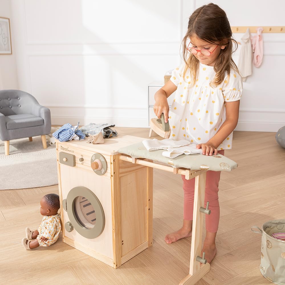 HOWA 48142 Wooden Washing Machine Toy for Kids with Clothesline, Ironing Board, Laundry Basket & Toy Iron - Pretend Play, Role Play, Early Learning & Montessori Activities