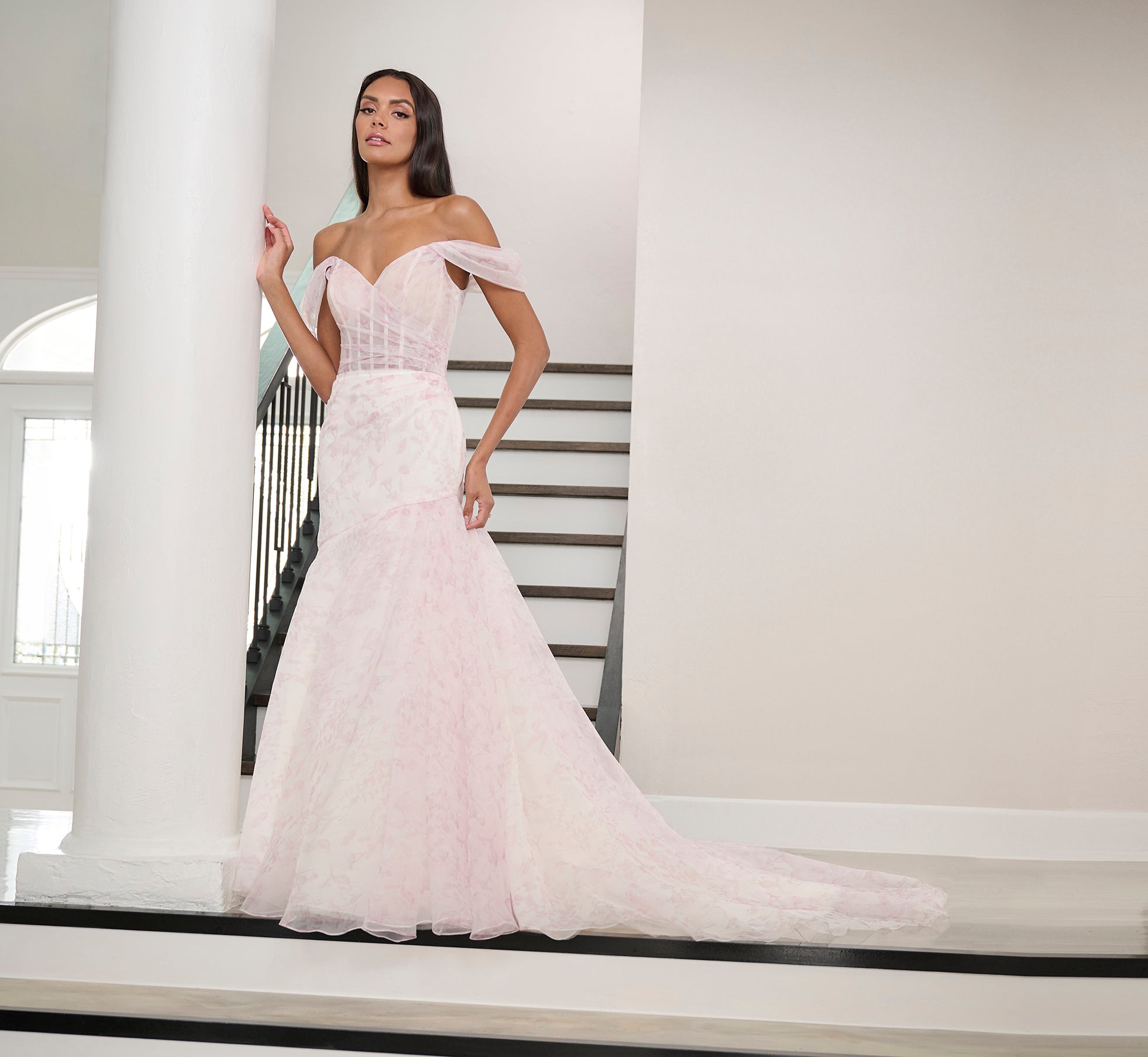 Elegant Watercolor Printed Organza Gown in Blush Multi Colors - Perfect for Weddings, Prom & Special Occasions