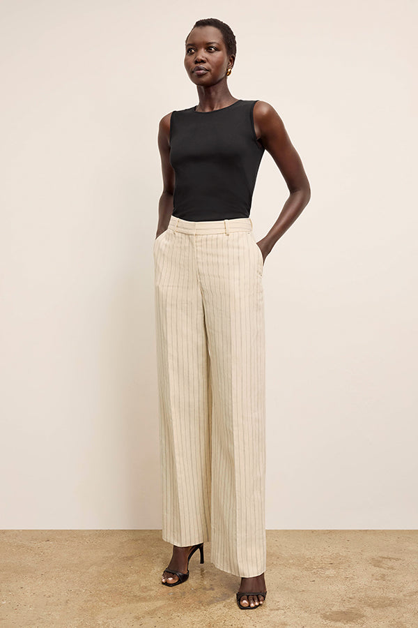 Tinsley Wide Leg Pants for Women - Breeze Stripe Pattern in Ecru & Navy - Comfortable High Waist Trousers for Office, Travel & Casual Wear