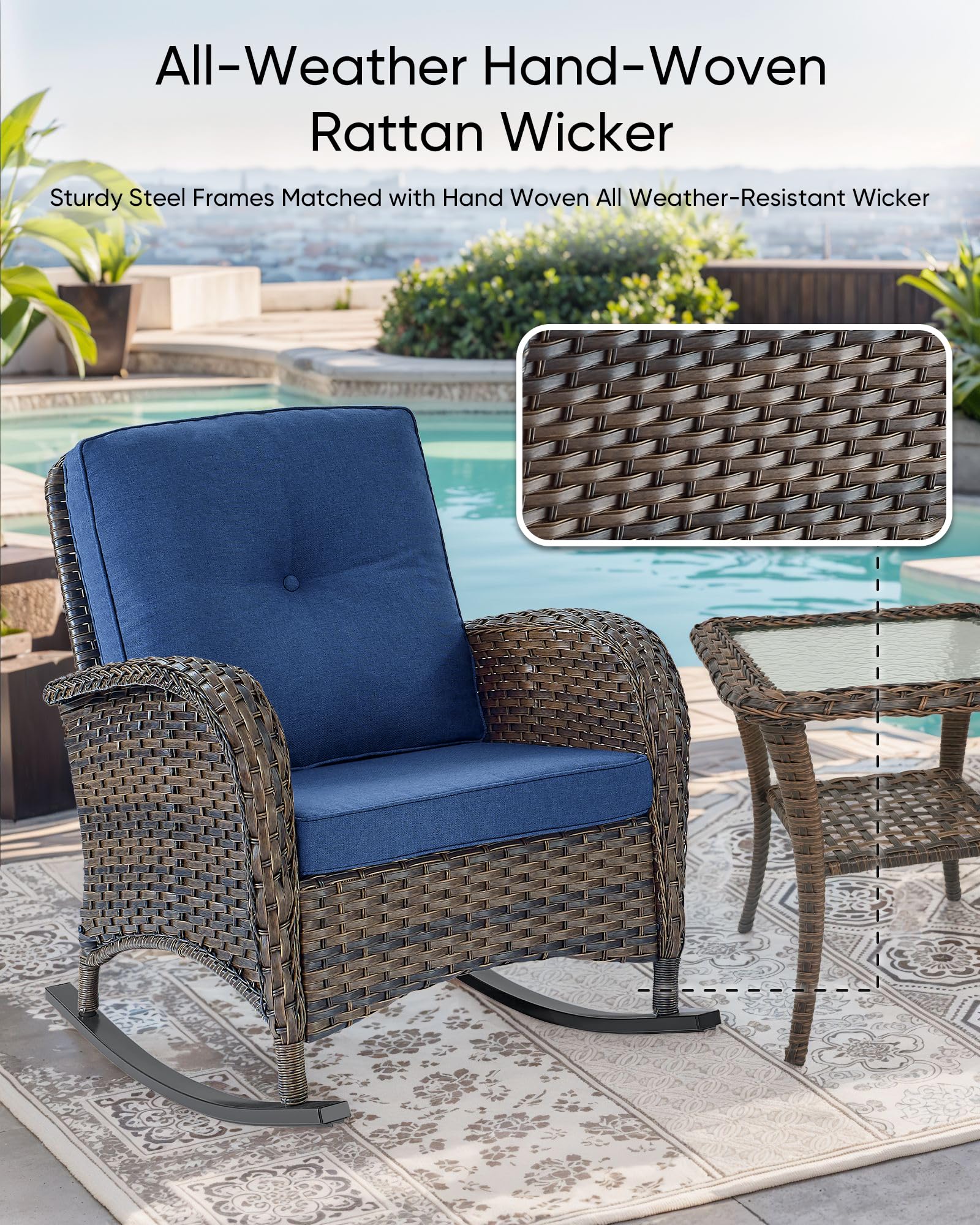 HUMMUH 3-Piece All-Weather PE Wicker Outdoor Rocking Chair Set with Side Table & Cushions - Patio, Porch, Balcony Furniture for Relaxing & Entertaining