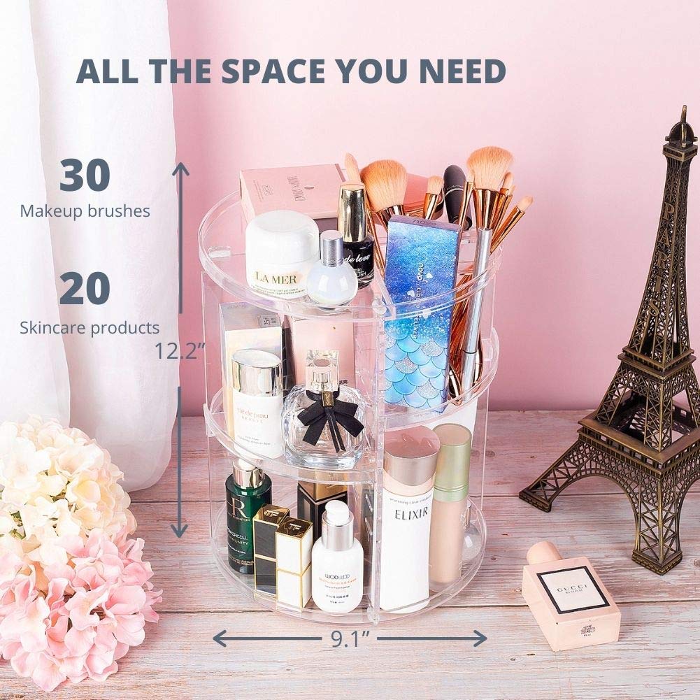 360° Rotating Acrylic Makeup Organizer - Spinning Lazy Susan Cosmetic Storage for Bathroom, Vanity & Dresser | Holds Makeup, Brushes, Perfumes, Creams & Skincare Products | Clear Desktop Organizer for Easy Access & Space Saving