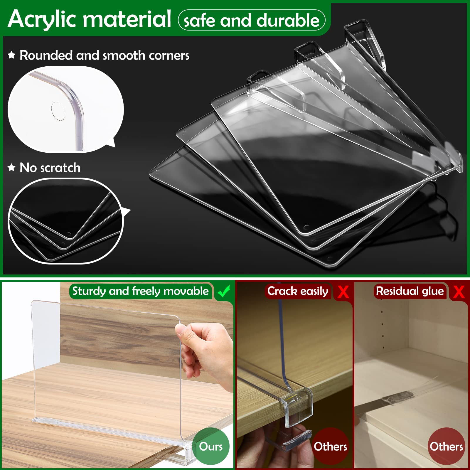 8 Pack Clear Acrylic Shelf Dividers for Closet Organization - Vertical Storage Organizer for Sweaters, Handbags & Purses - Perfect for Bedroom, Kitchen, Office & Wood Shelves