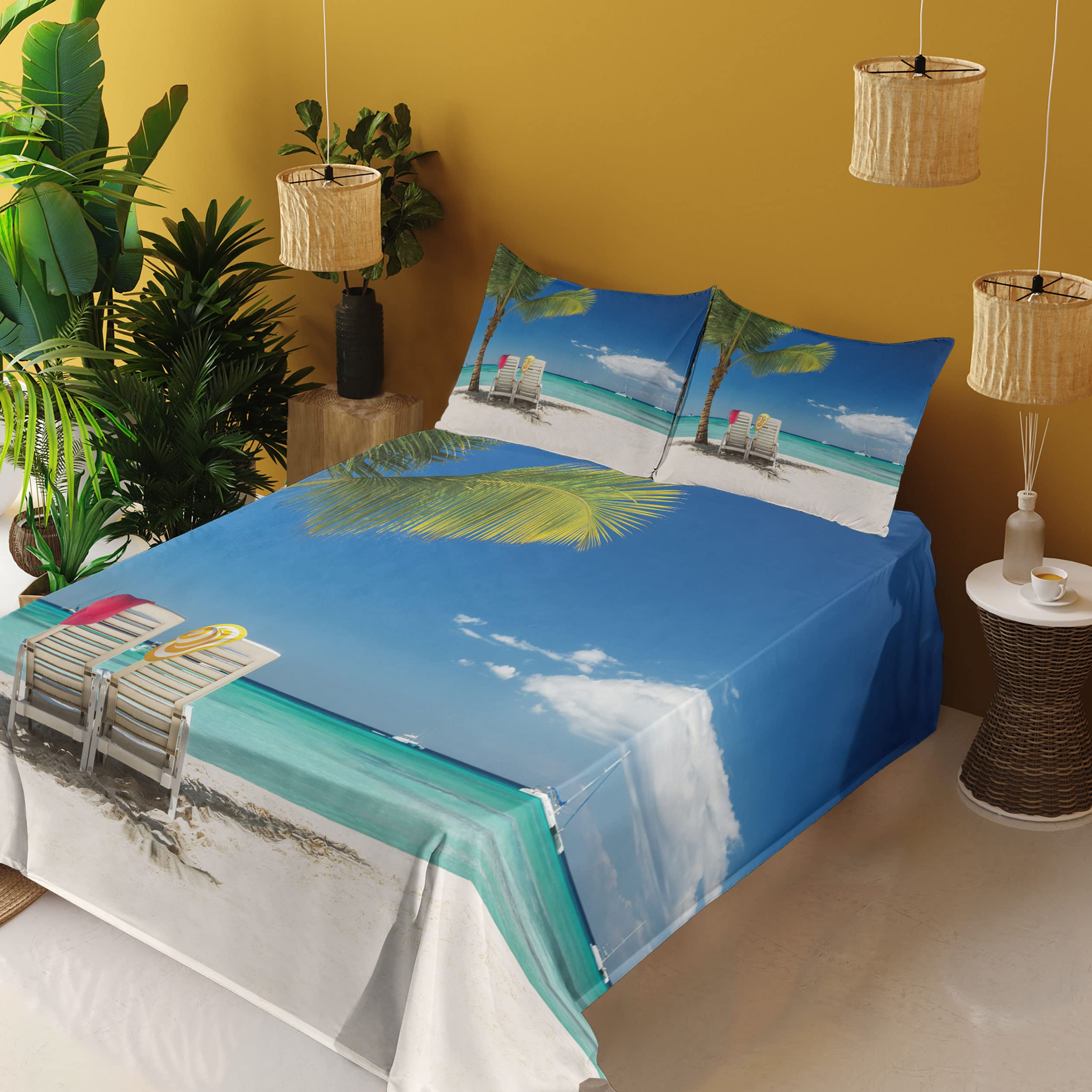 Ambesonne Seaside King Size 4-Piece Sheet Set - Ocean Beach Panoramic Print with Palm Trees, Chairs & Boats - Soft Fitted & Flat Sheets + Pillowcases (Green/Blue) - Perfect for Coastal Bedroom Decor & Vacation Home Styling