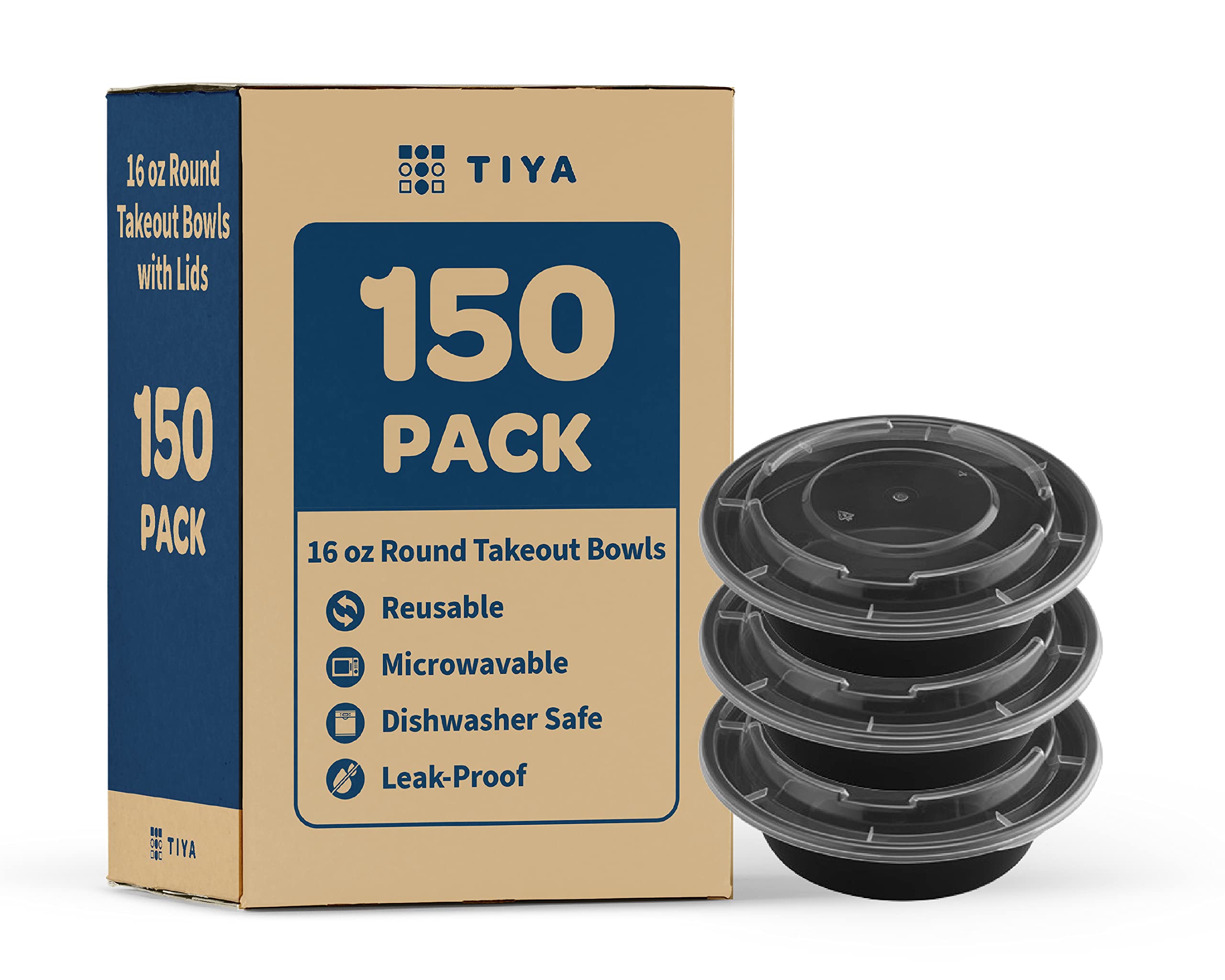TIYA 16 oz Takeout Food Containers Bulk 150 Pack with Lids - Reusable Plastic Food Storage Bowls for Meal Prep - Microwave & Dishwasher Safe, Leak Proof - Perfect for Restaurants, Catering & Home Meal Prepping