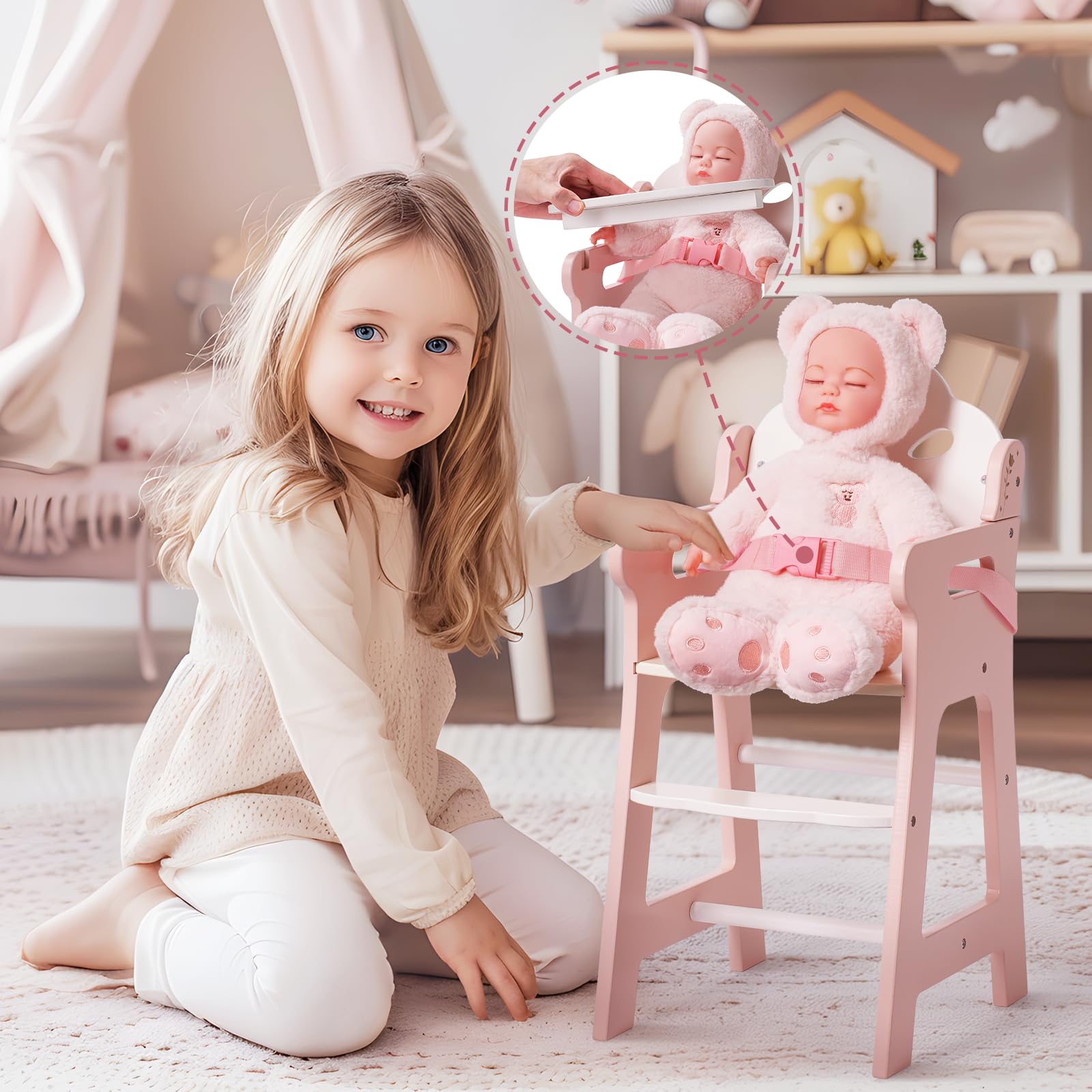 ROBUD Pink Wooden Baby Doll High Chair with Seat Belt & Movable Tabletop - Pretend Play Accessory for 18-20 Inch Dolls | Perfect for Kids Role Play, Tea Parties & Nursery Decor