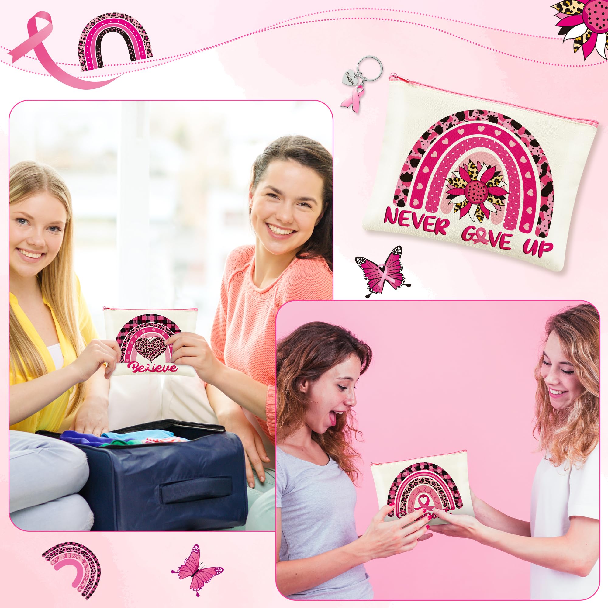 12PCS Breast Cancer Awareness Gift Set - 6 Boho Rainbow Makeup Bags & 6 Pink Ribbon Keychains - Inspirational Survivor Gifts for Women - Perfect for Fundraisers, Support Groups & Awareness Events
