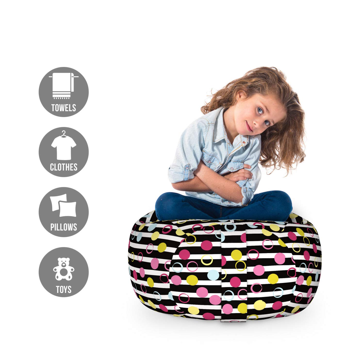 Ambesonne Colorful Storage Toy Bag Chair - Hand Drawn Grunge Circles & Dots Design, Washable Stuffed Animal Organizer, Small Multicolor - Perfect for Kids' Room, Playroom & Nursery Organization