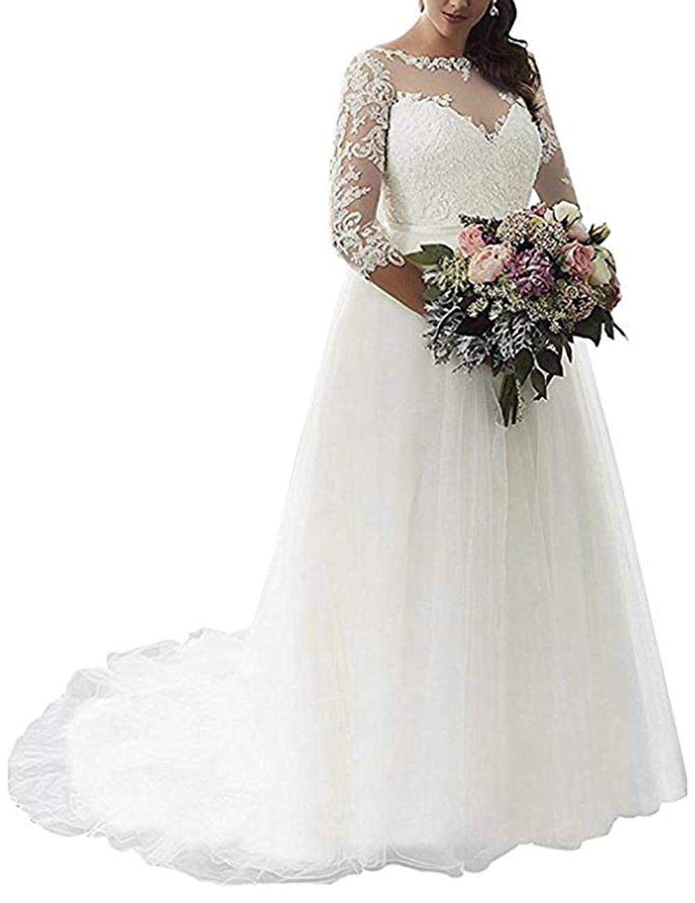 Mulanbridal Women's Plus Size Wedding Dress - Elegant Jewel Lace Applique 3/4 Sleeves Chiffon Evening Gown for Brides, Prom, Formal Events & Special Occasions