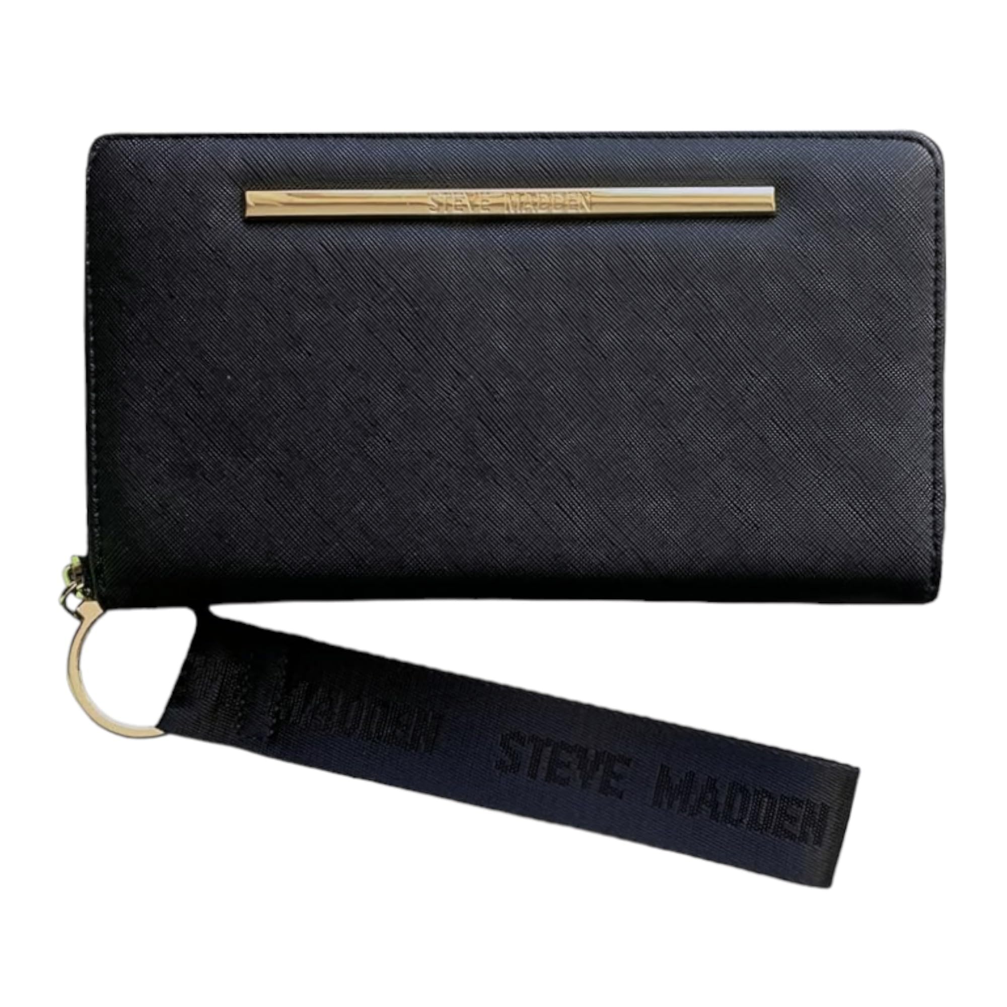 Steve Madden BZIP-WEB Black Leather Wallet Wristlet for Women - Slim RFID Blocking Card Holder with Wrist Strap - Perfect for Parties, Travel & Everyday Use