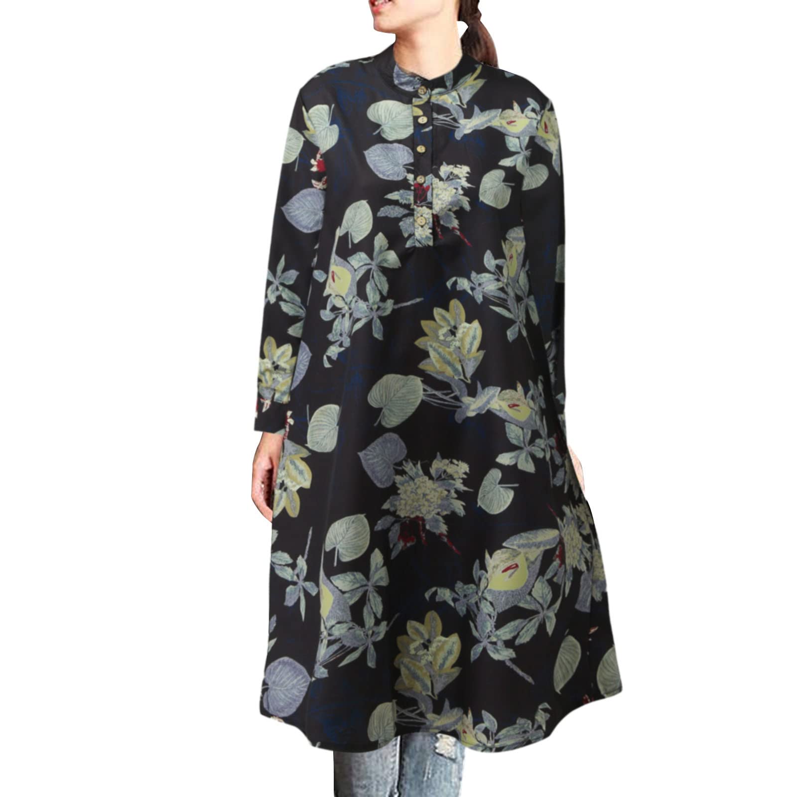 Vintage Floral Print Long Sleeve Blouse for Women - Elegant Button Down Shirt with O-Neck Collar - Perfect for Casual Wear, Office Outfits & Yoga Clothing
