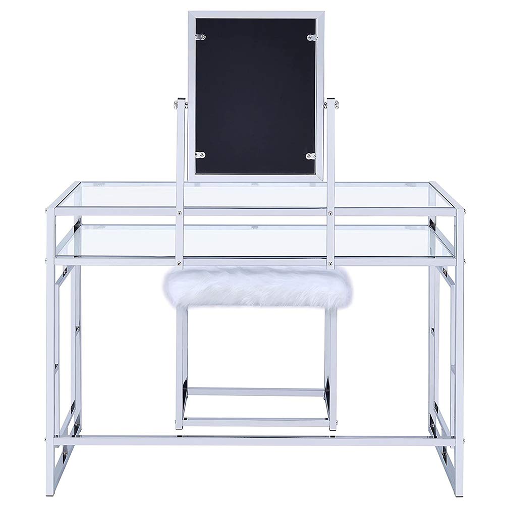 Elegant Glass Makeup Vanity Table Set with Mirror & White Faux Fur Stool - Chrome Dressing Table with Storage Shelf & Makeup Organizer - Perfect for Bedroom, Dressing Room & Beauty Salon Decor