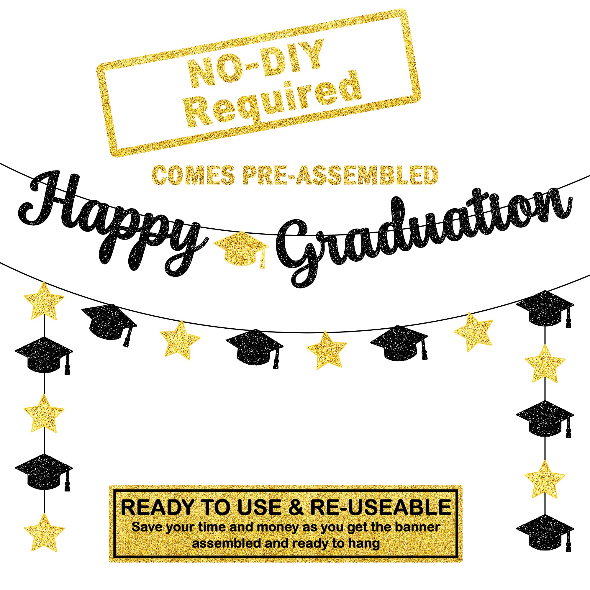 KatchOn Pre-Strung Glitter Graduation Banner - Black & Gold Class of 2025 Decor | No DIY Ready-to-Hang Sign for Graduation Parties, School Events & Home Decorations