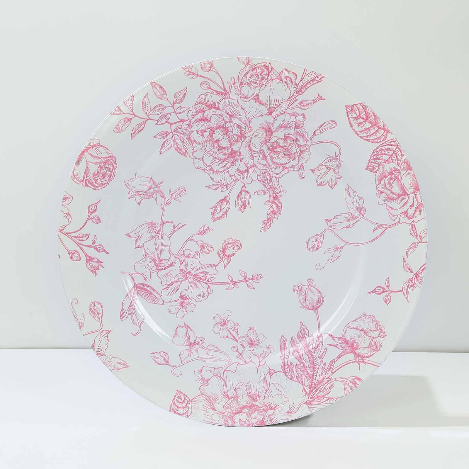 Efavormart 6-Pack White & Pink Floral Acrylic Charger Plates - French Toile Pattern Round Dinner Plates for Weddings, Parties & Events (13 Inch) - Elegant Table Decor for Dining & Special Occasions