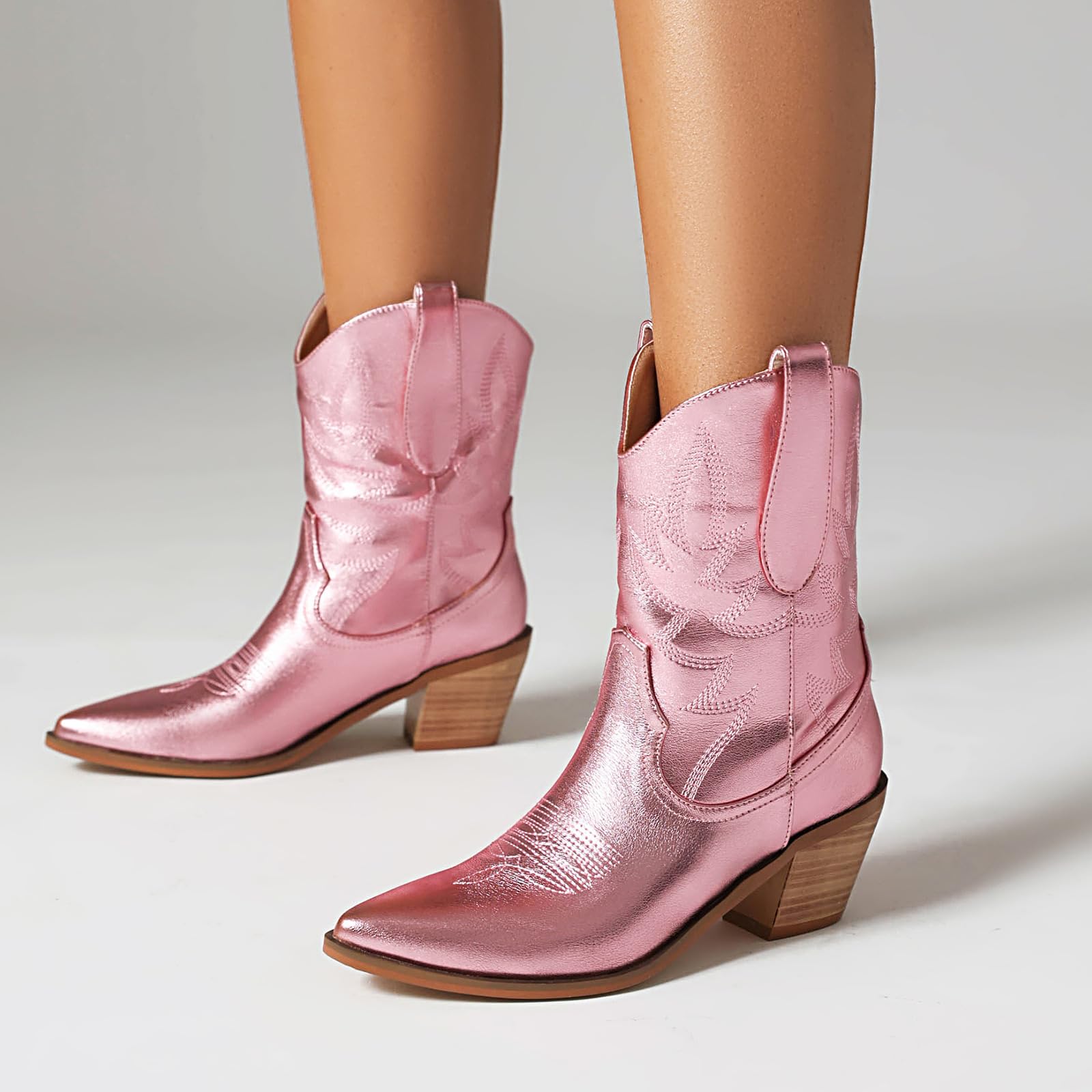**Western Cowgirl Boots - Embroidered Cowboy Boots for Women, Metallic Leather Chunky Mid Heel Mid Calf Boots | Perfect for Country Rides, Rodeos & Western Fashion**