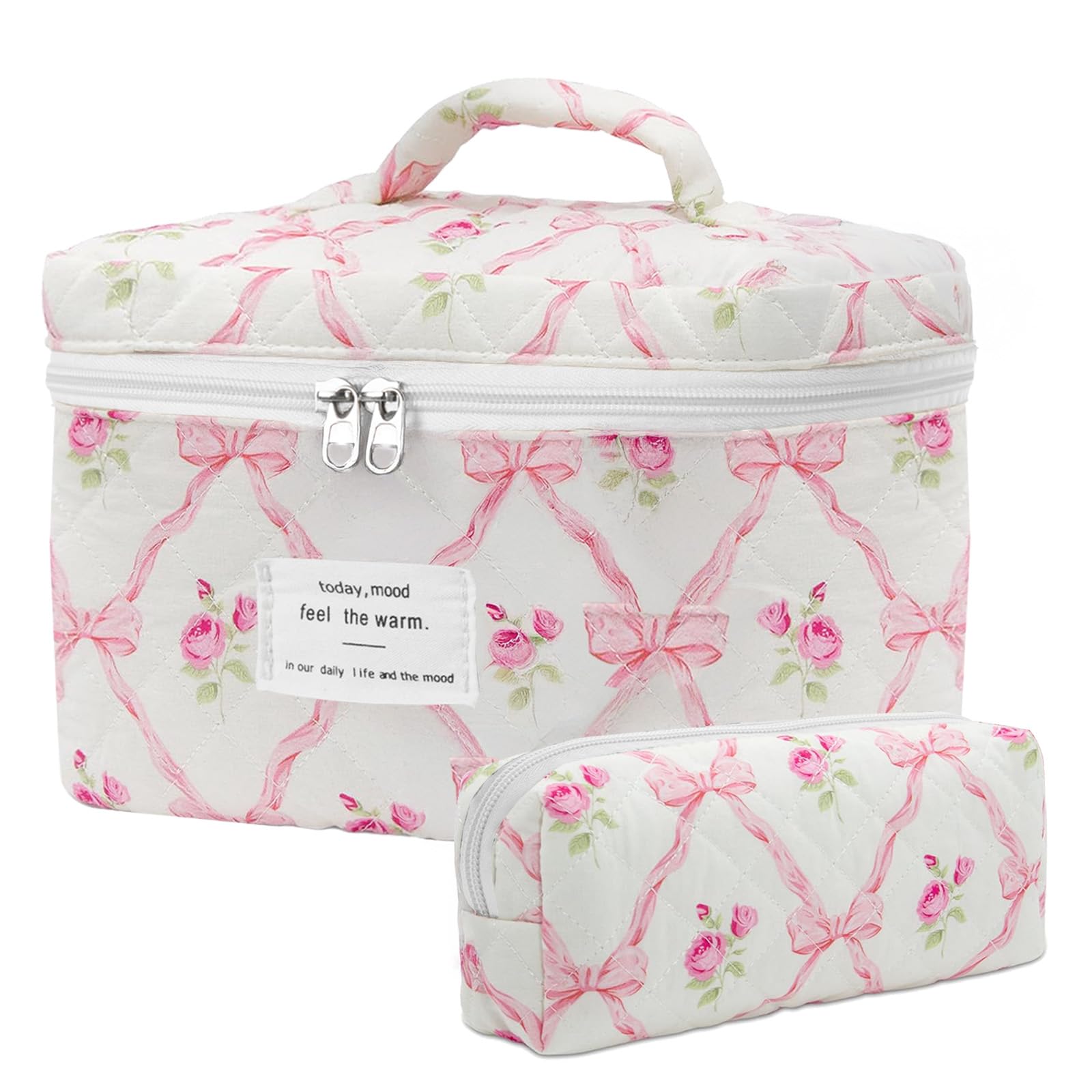 Large Quilted Floral Makeup Bag for Women & Girls - Cute Pink Bow Cosmetic Travel Organizer - Perfect for Travel, Gym, and Daily Essentials Storage