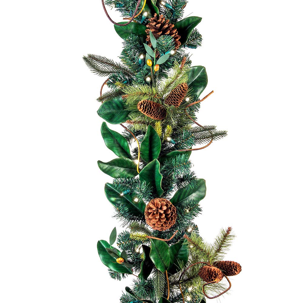 9 Foot Pre-Lit Artificial Christmas Garland with 100 Warm White LED Lights - Magnolia Leaf Collection - Battery Operated Remote Timer - Holiday Home Decor for Fireplace Mantel, Staircase & Christmas Tree Decoration