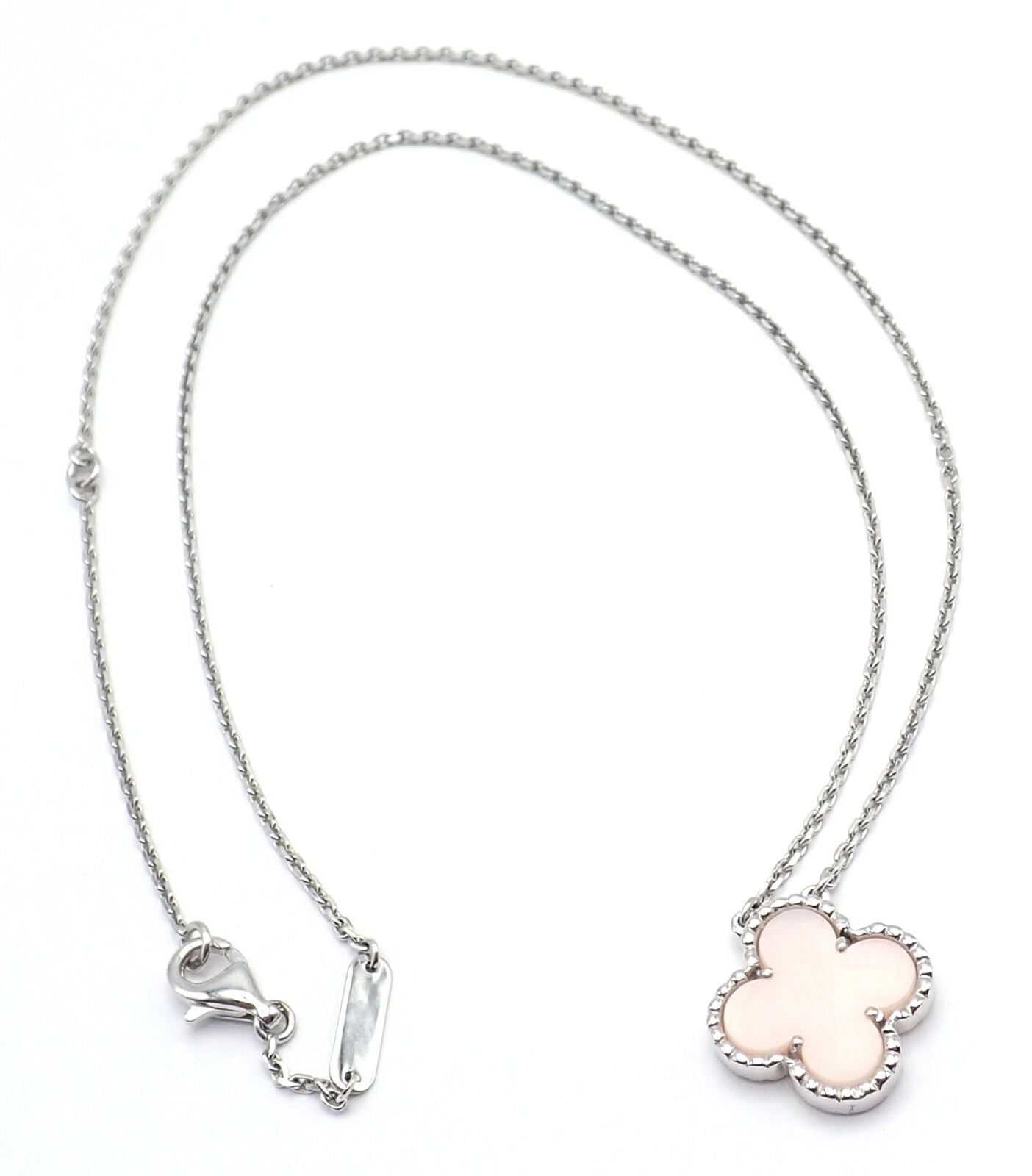 Authentic Van Cleef & Arpels Alhambra 18k White Gold Pink Opal Pendant Necklace with Certification - Elegant Jewelry for Weddings, Parties & Special Occasions
