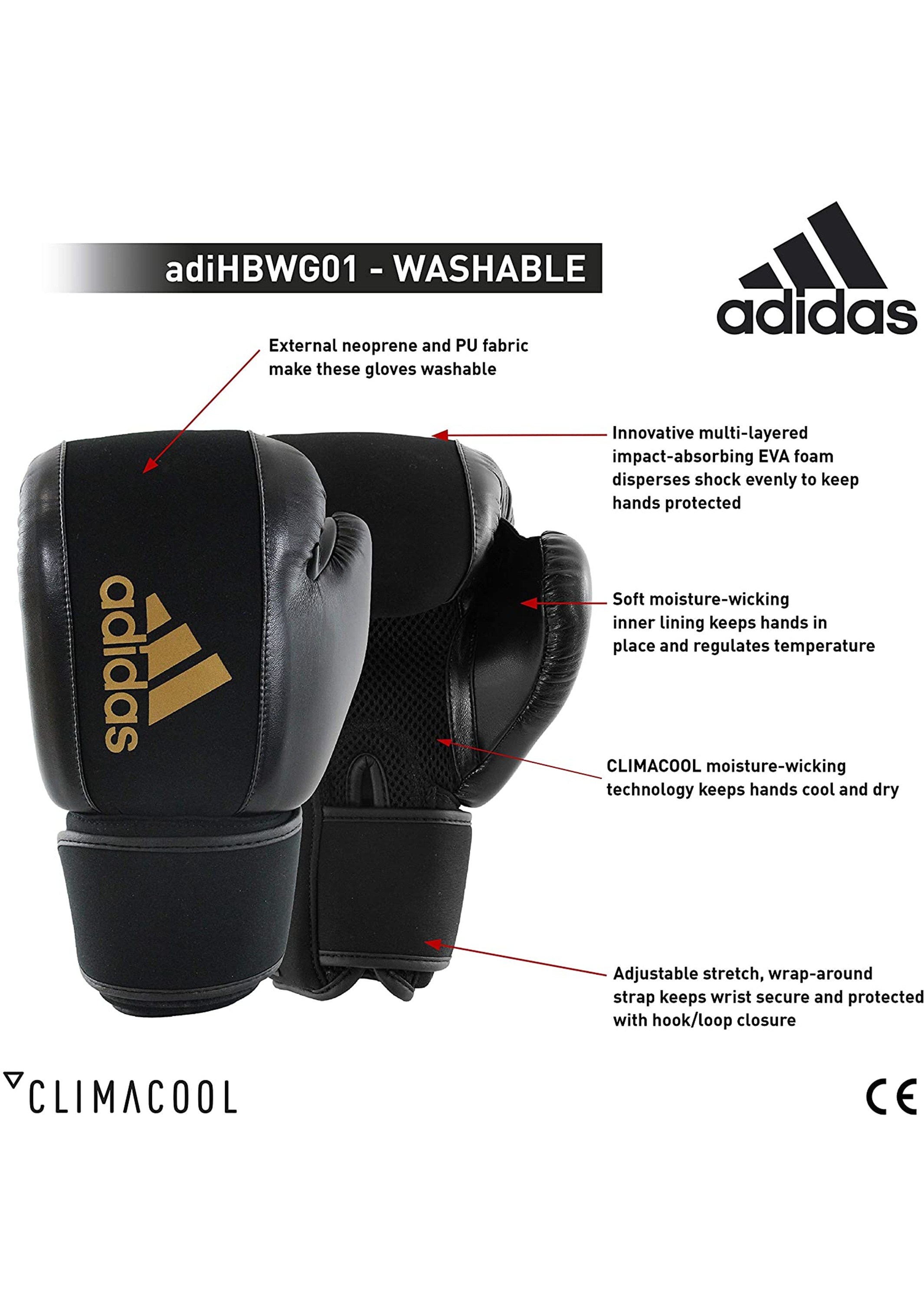 Adidas Women's Washable Boxing Gloves - Black & Gold Training Gloves for Kickboxing, MMA, Fitness & Home Workouts