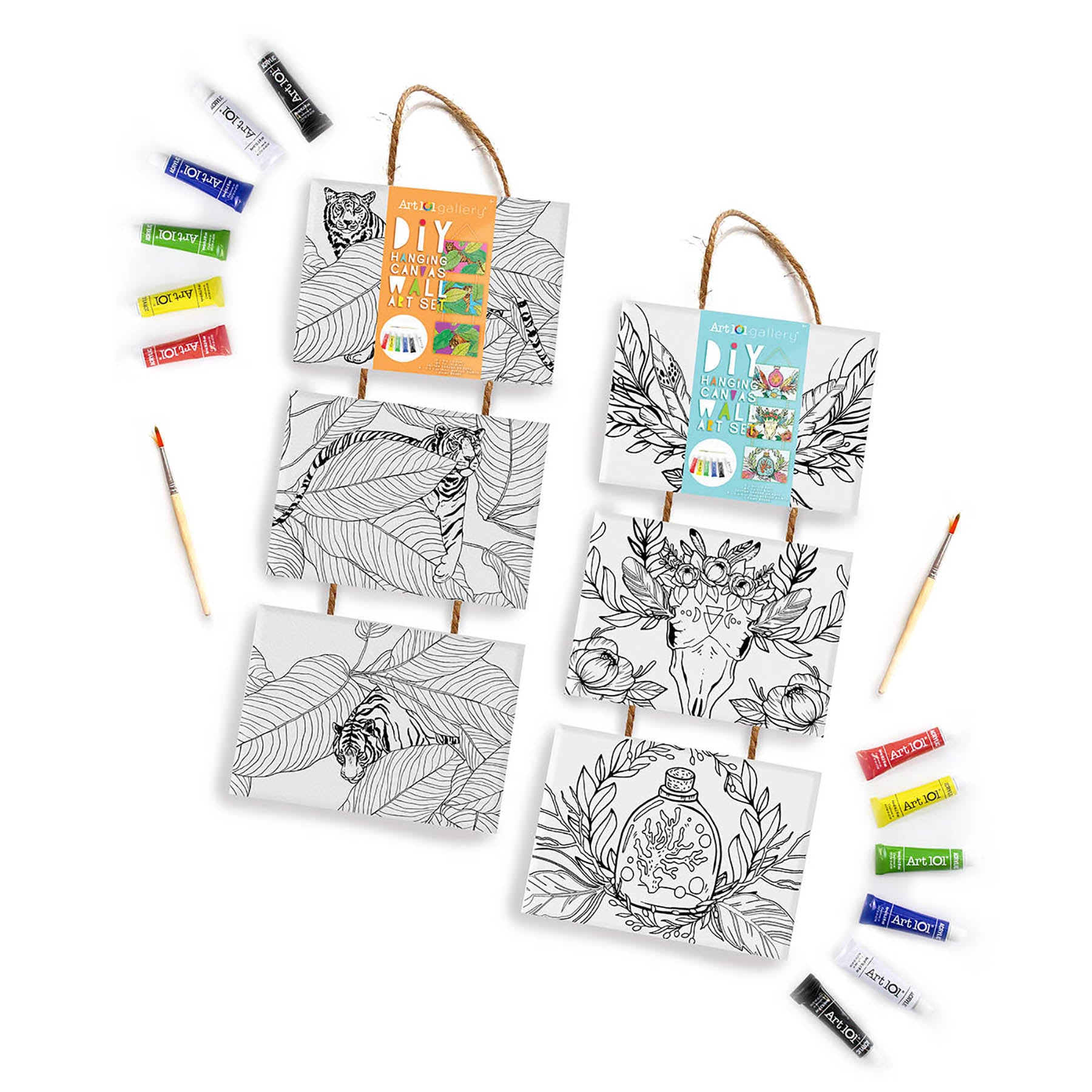 Art 101 DIY Canvas Art Set - Dual Pack with Acrylic Paints & Brushes for Beginners - Perfect for Home Decor, Gift Ideas & Creative Painting Projects