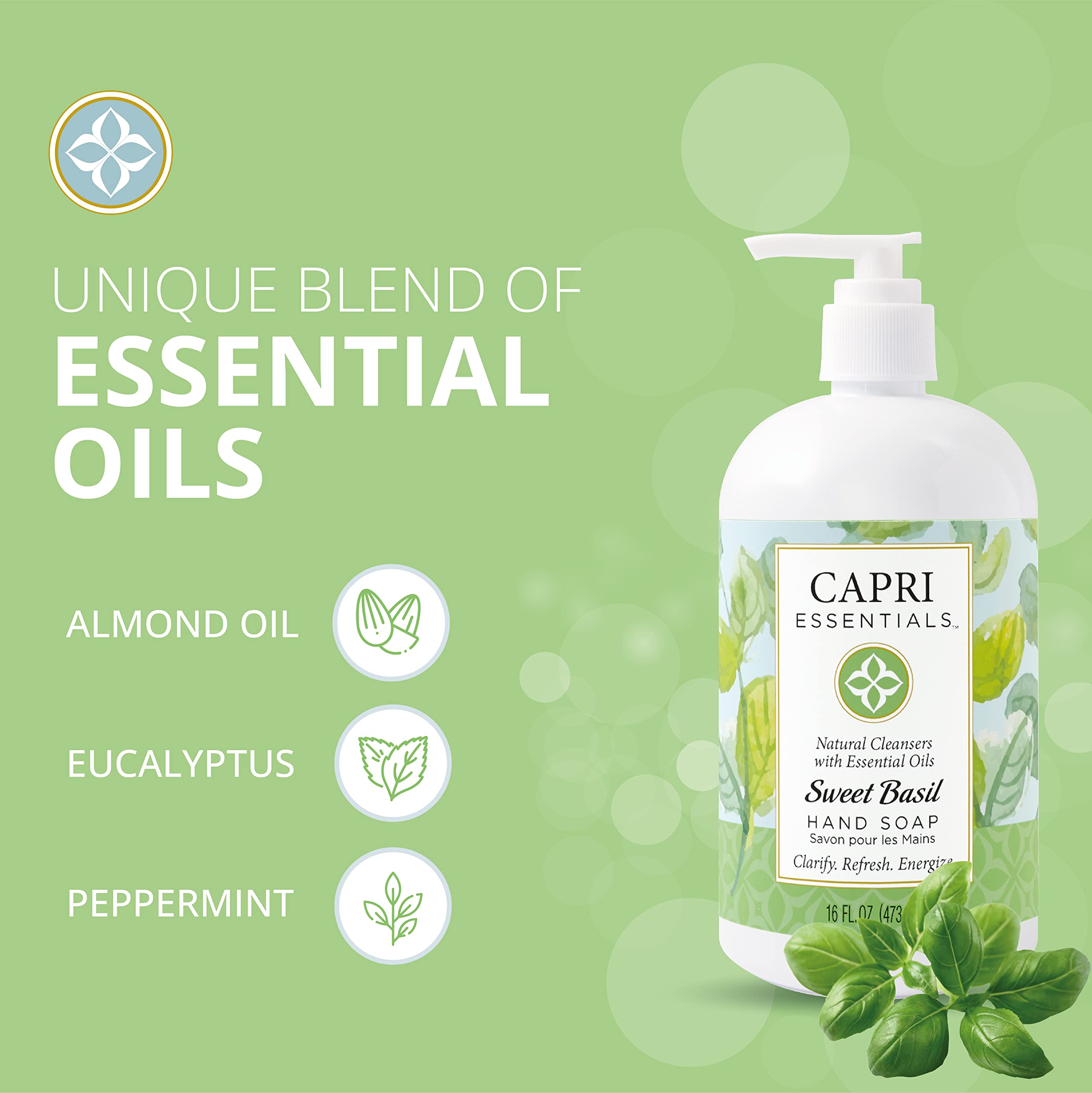 Sweet Basil Natural Hand Soap with Essential Oils | Plant-Based, Chemical-Free Liquid Hand Wash | Relaxing Aromatherapy Soap for Men & Women (16 oz) | Perfect for Kitchen, Bathroom & Office Use