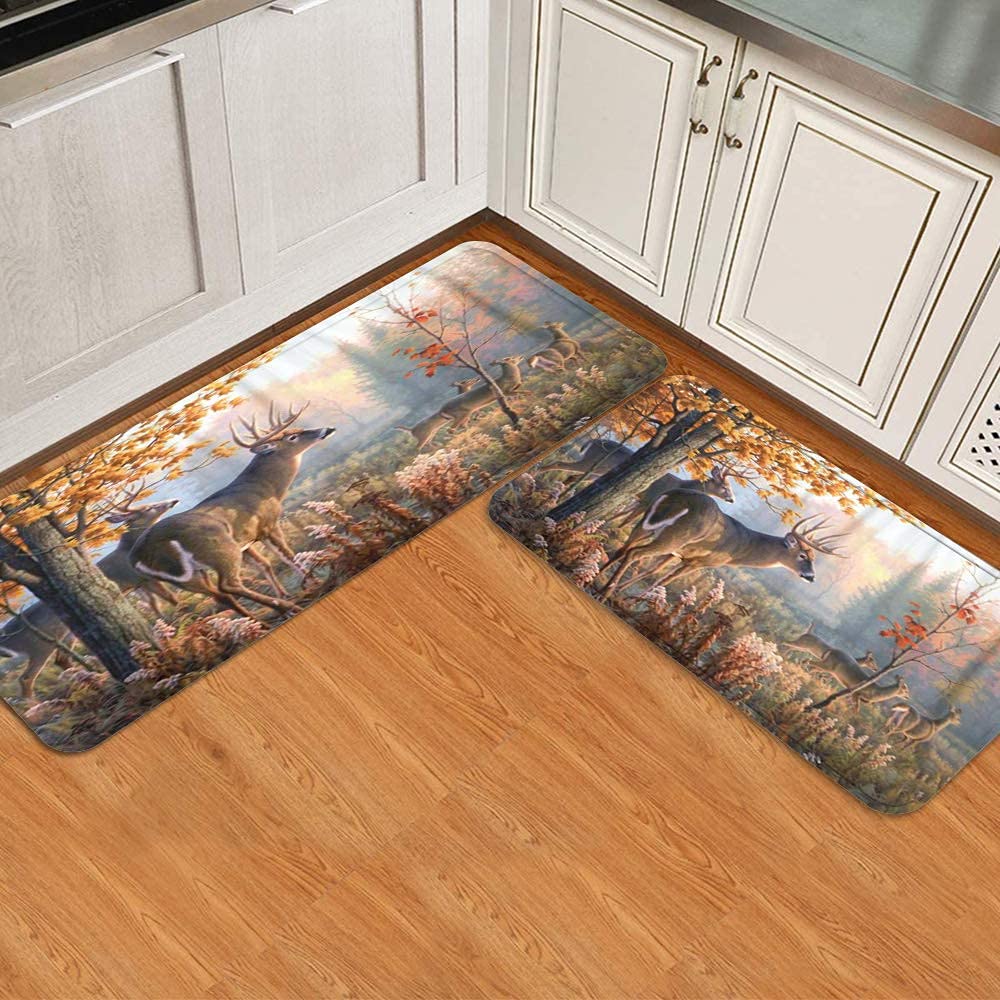 MUZEVANY Anti-Fatigue Kitchen Floor Mat Set of 2 - Non-Slip Comfort Rug for Kitchen, Home, Office & Sink - Autumn Wildlife Deer Hunting Season Design - Perfect for Standing Long Hours While Cooking, Cleaning or Working