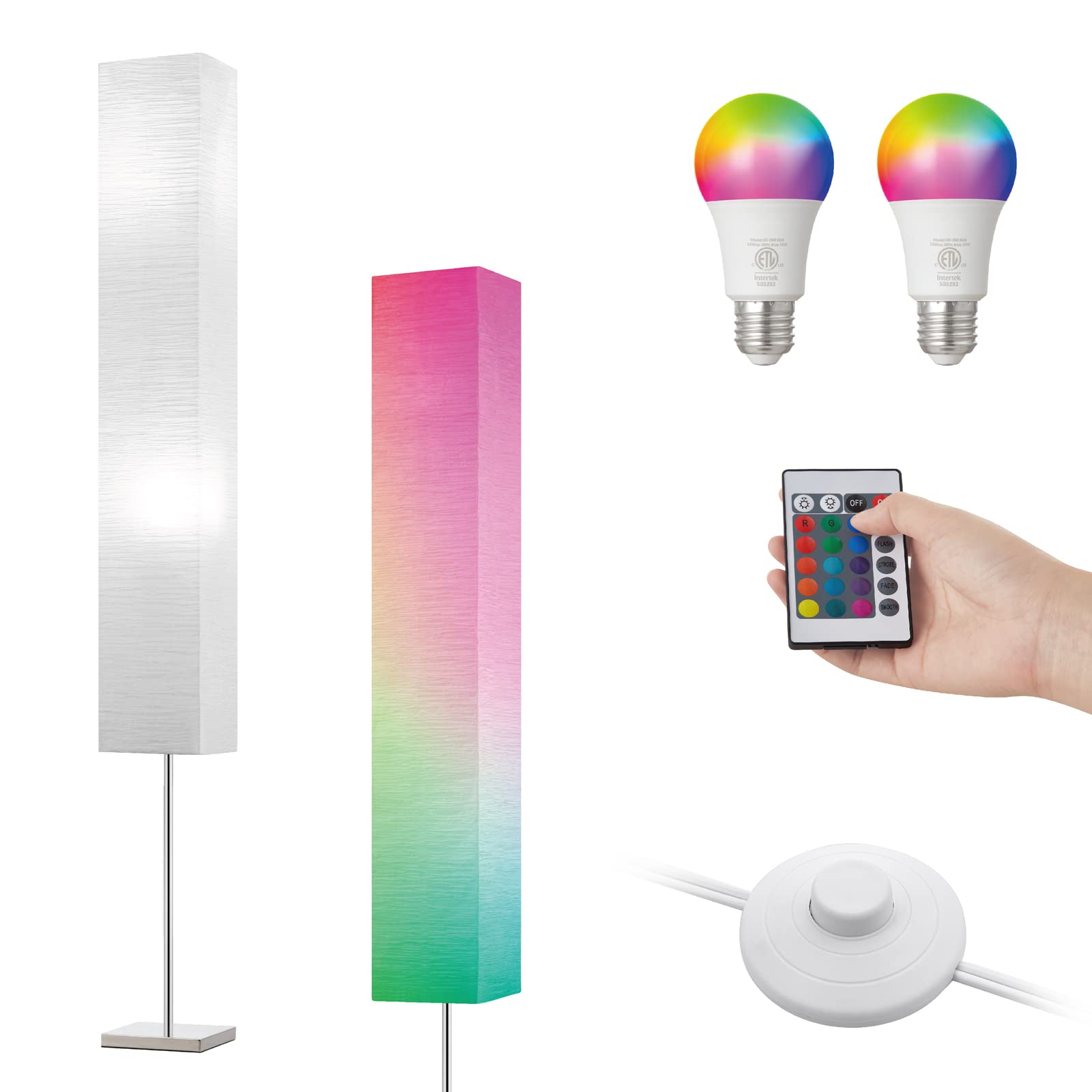 LIGHTACCENTS Japanese Style Paper Floor Lamp - Chrome Base & White Shade with On/Off Foot Switch & Remote Control - Modern Standing Lamp for Living Room, Bedroom, Office & Reading Nook Decor