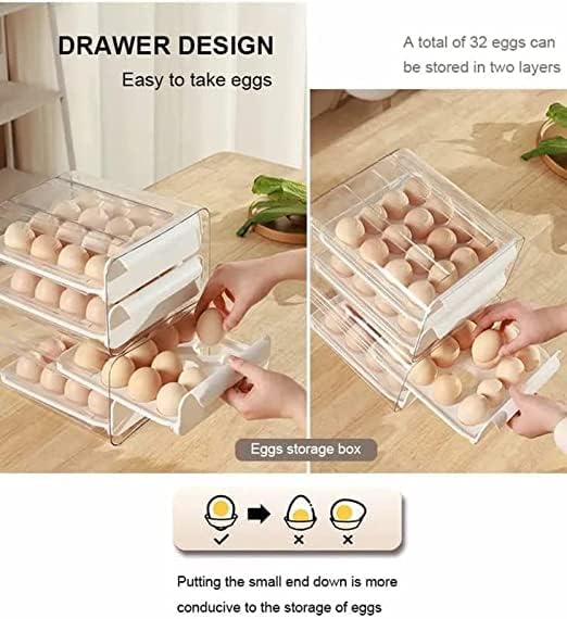 MUGATH 32-Grid Egg Storage Container - Double Drawer Refrigerator Egg Organizer, Space Saving Stackable Multi-Layer Egg Holder for Kitchen & Household - Perfect for Fresh Egg Storage & Organization in Fridge